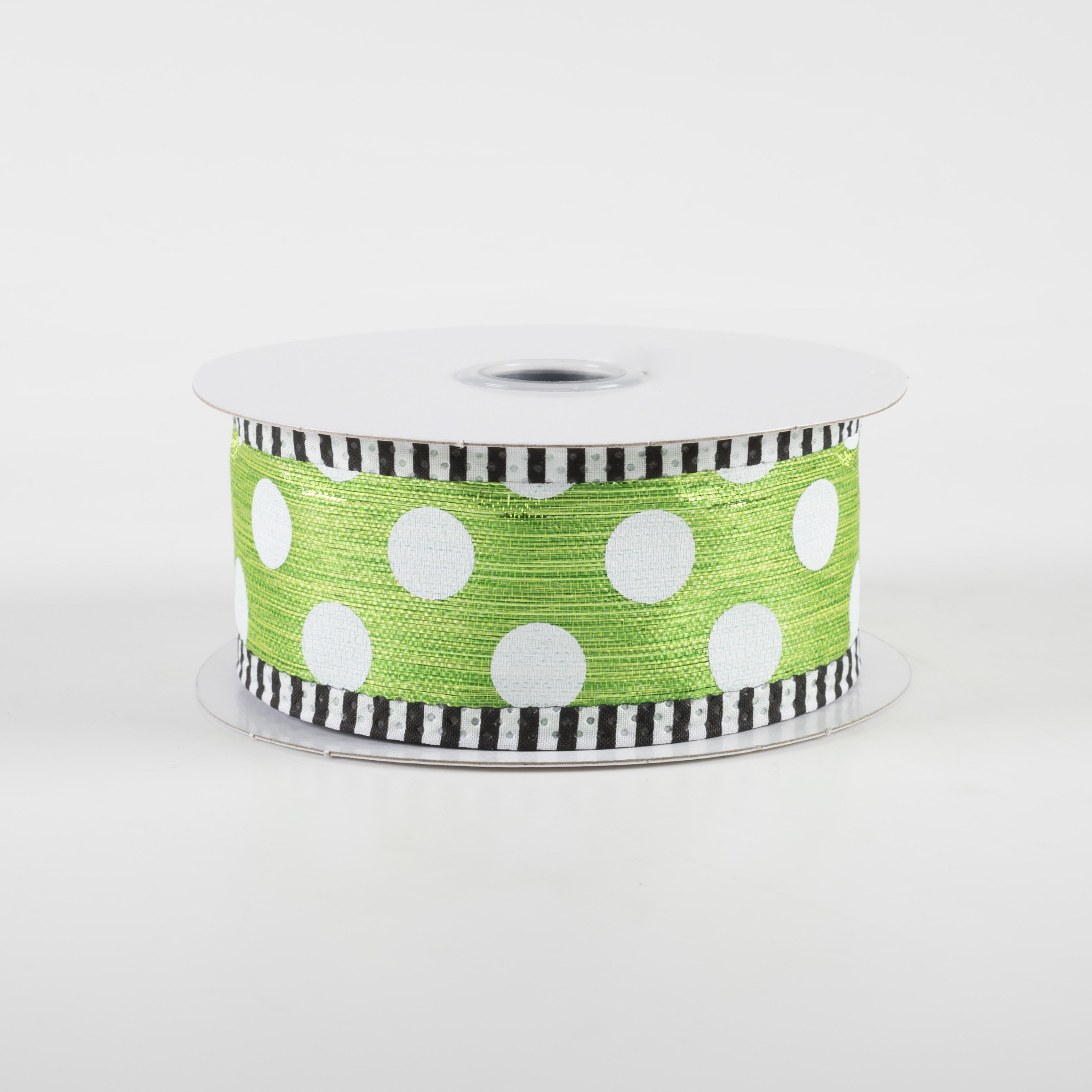 1.5" Medium Polka Dot Stripe Edge Ribbon: Lime & White (10 Yards)