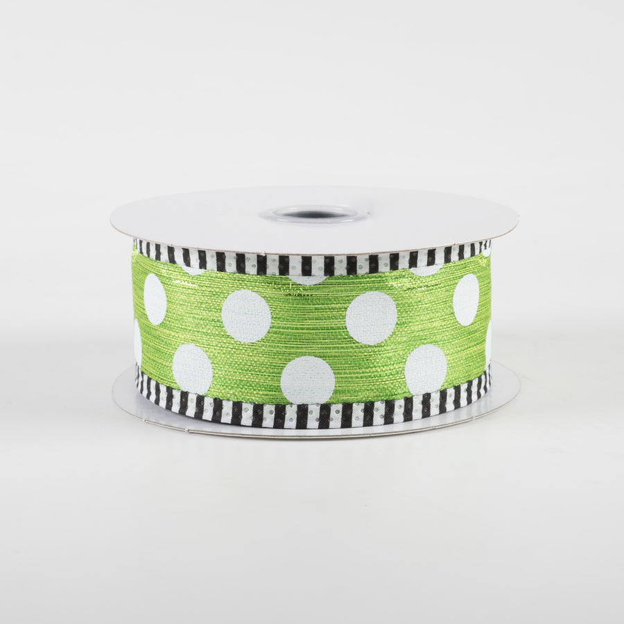 1.5" Medium Polka Dot Stripe Edge Ribbon: Lime & White (10 Yards)