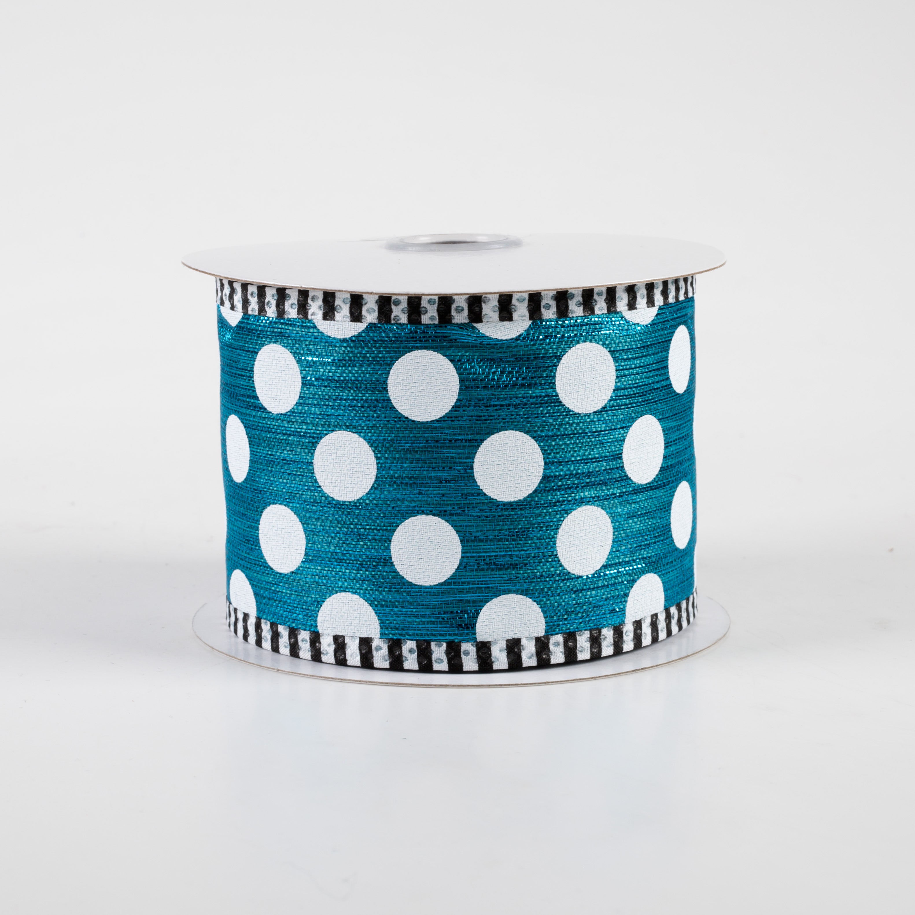 2.5" Medium Polka Dot Stripe Edge Ribbon: Peacock & White (10 Yards)