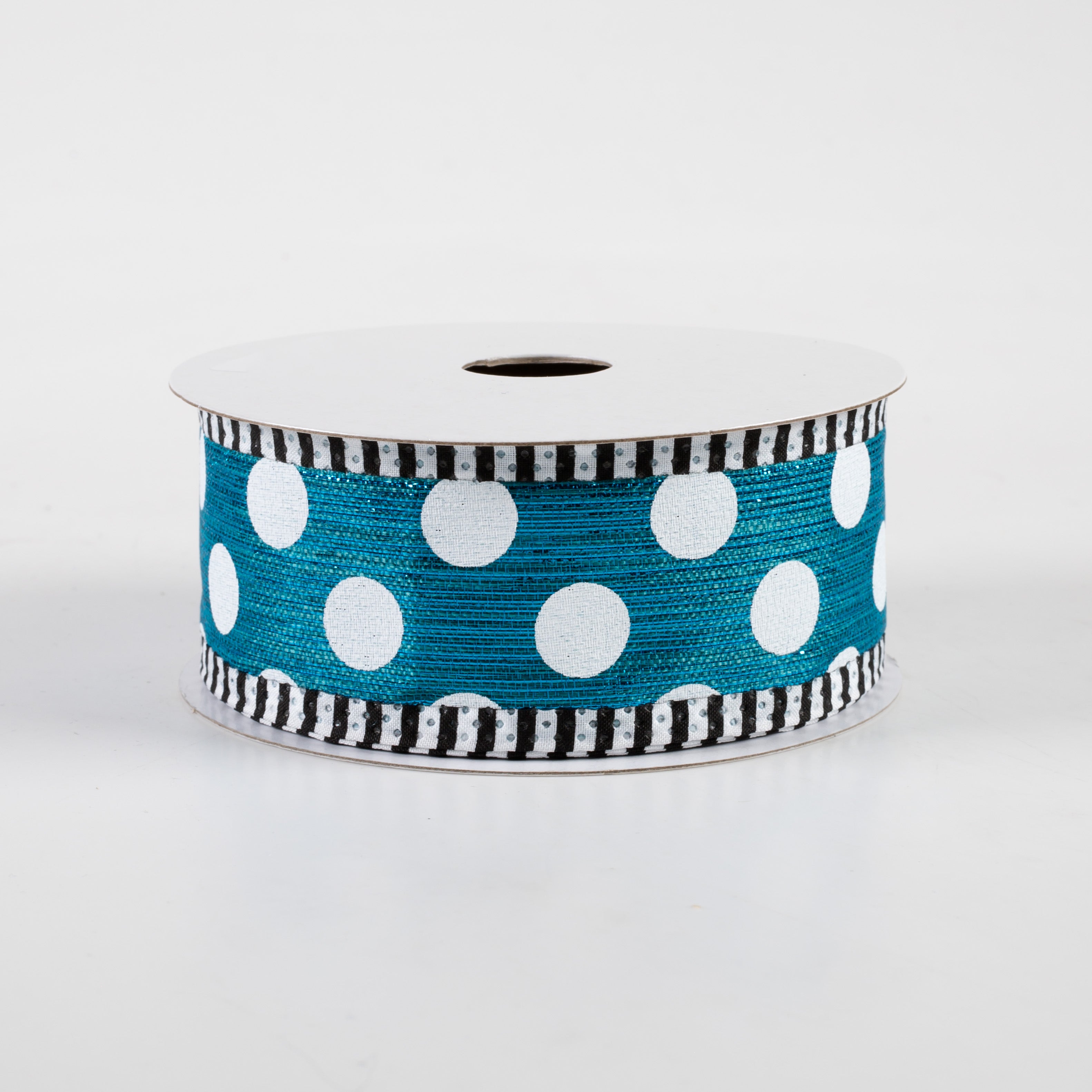 1.5" Medium Polka Dot Stripe Edge Ribbon: Peacock & White (10 Yards)
