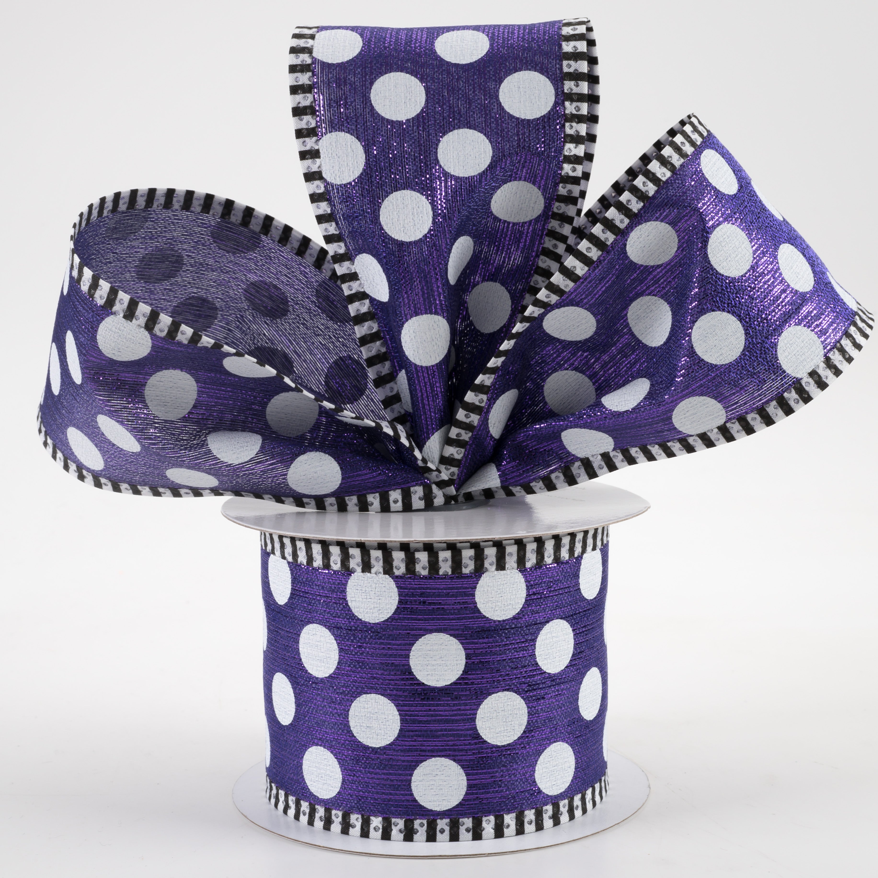 2.5" Medium Polka Dot Stripe Edge Ribbon: Purple & White (10 Yards) Lifestyle Photo