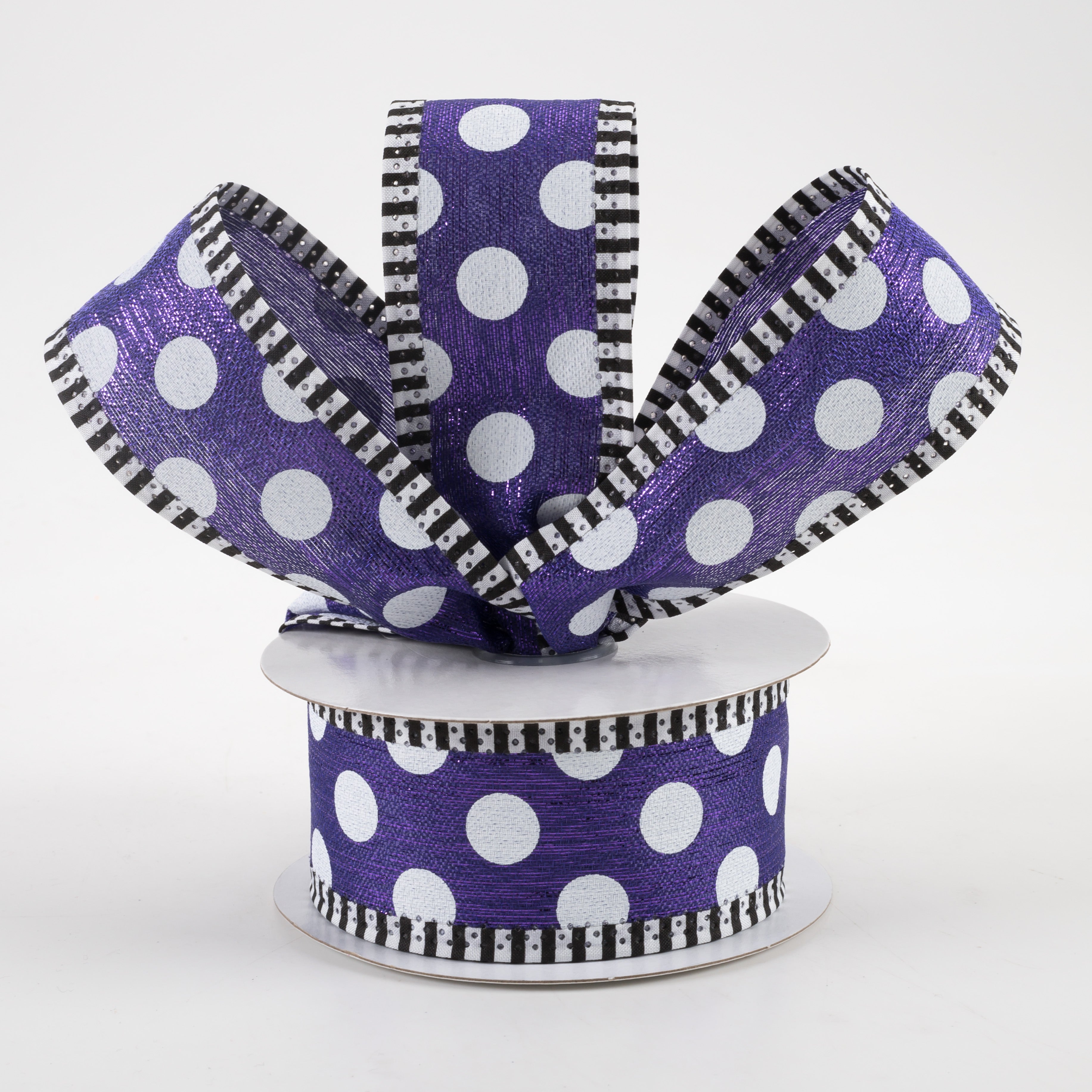1.5" Medium Polka Dot Stripe Edge Ribbon: Purple & White (10 Yards) Lifestyle Photo