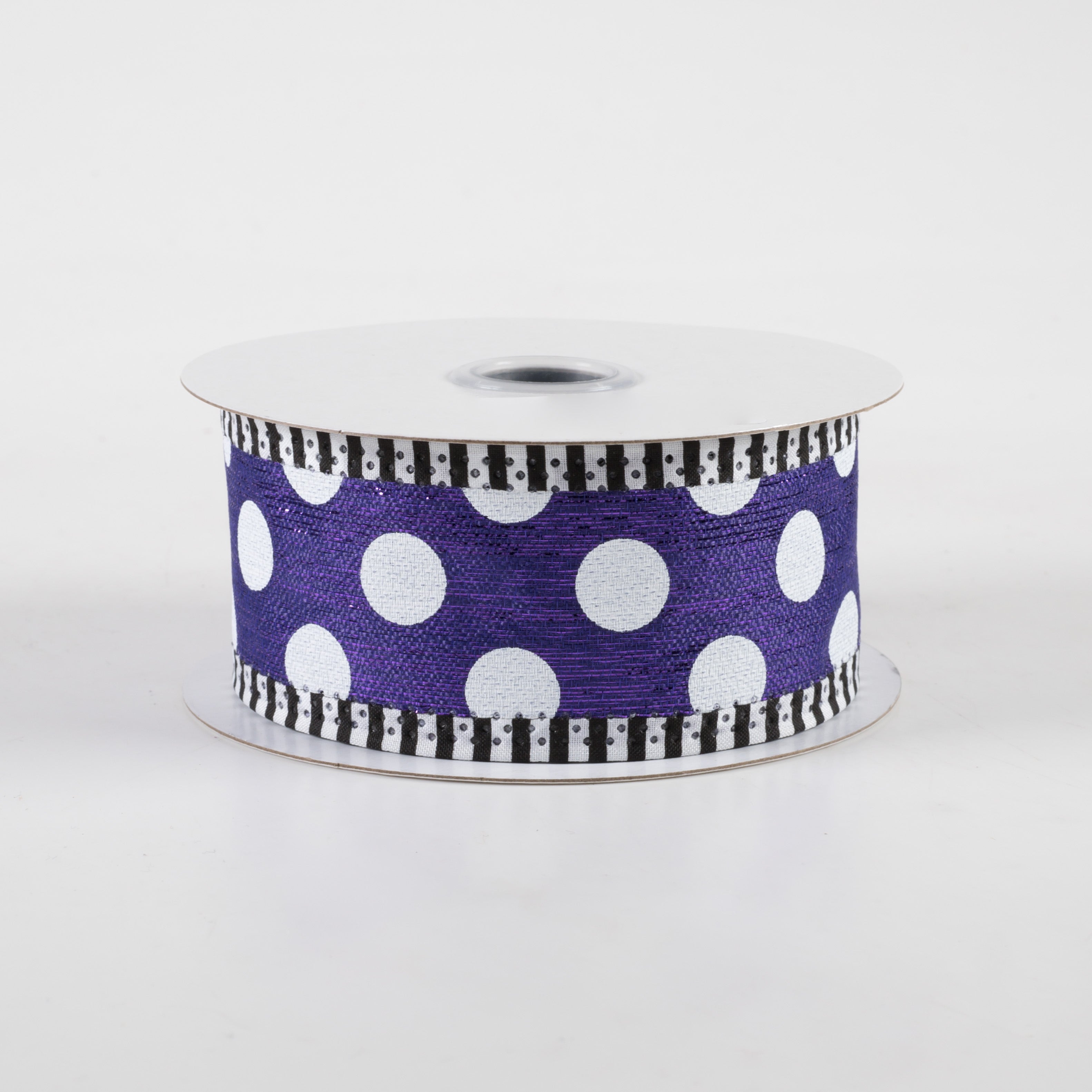 1.5" Medium Polka Dot Stripe Edge Ribbon: Purple & White (10 Yards)
