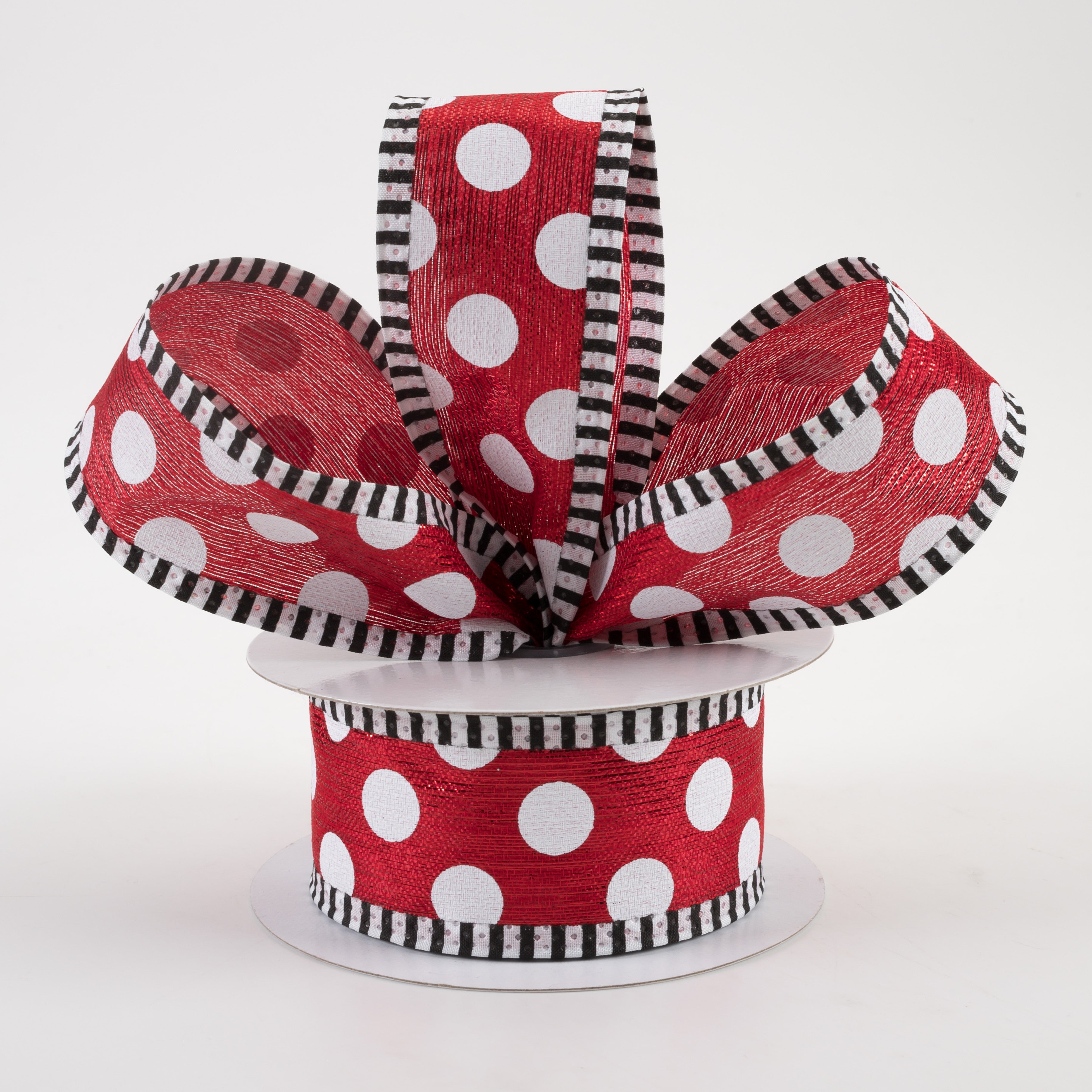 1.5" Medium Polka Dot Stripe Edge Ribbon: Red & White (10 Yards) Lifestyle Photo