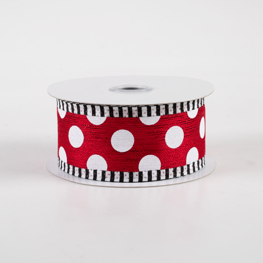 1.5" Medium Polka Dot Stripe Edge Ribbon: Red & White (10 Yards)
