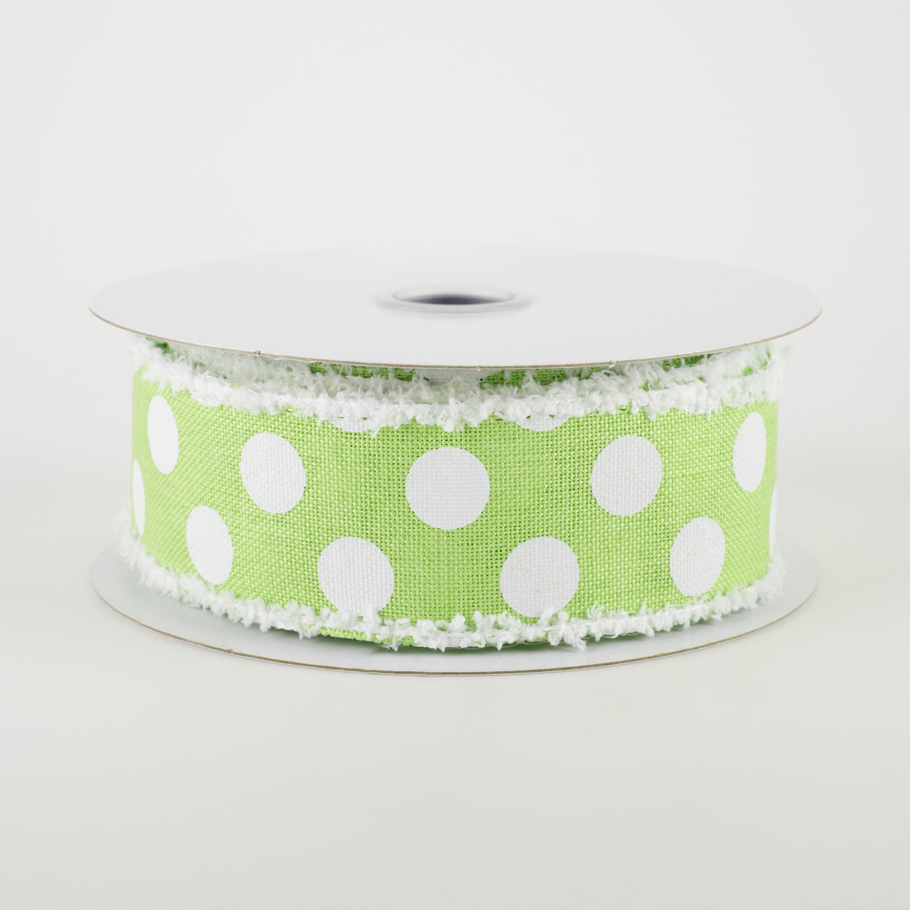1.5" Medium Polka Dots Fuzzy Edge Ribbon: Bright Green & White (10 Yards)