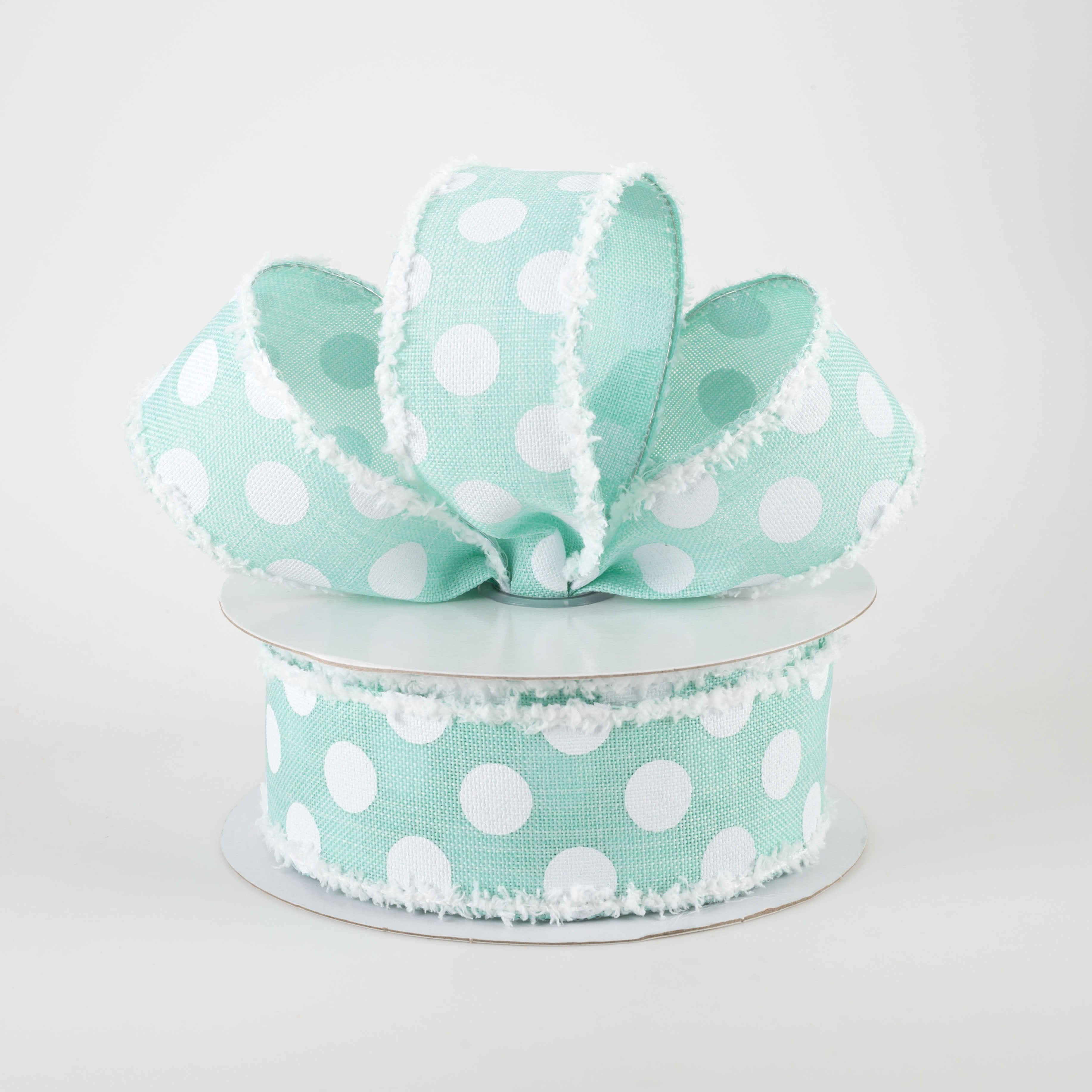 1.5" Medium Polka Dots Fuzzy Edge Ribbon: Mint Green & White (10 Yards) Lifestyle Photo
