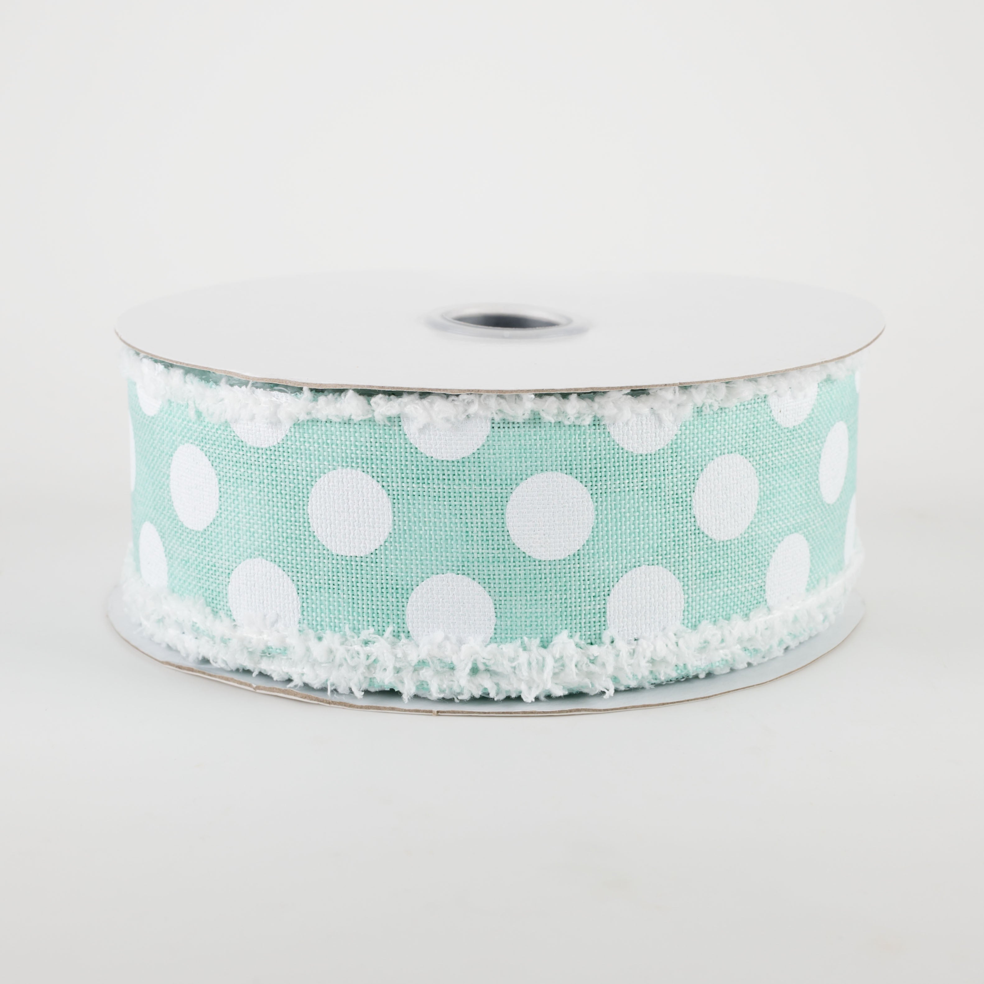 1.5" Medium Polka Dots Fuzzy Edge Ribbon: Mint Green & White (10 Yards)