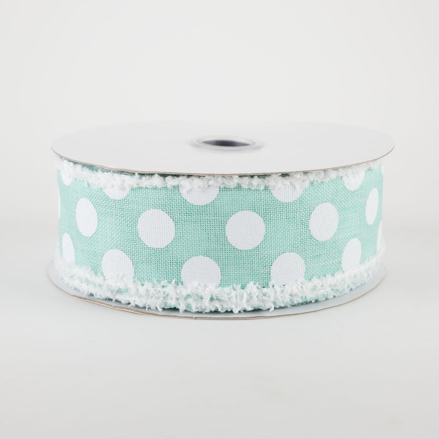 1.5" Medium Polka Dots Fuzzy Edge Ribbon: Mint Green & White (10 Yards)
