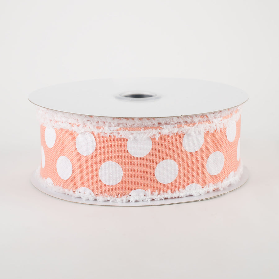 1.5" Medium Polka Dots Fuzzy Edge Ribbon: Peach & White (10 Yards)