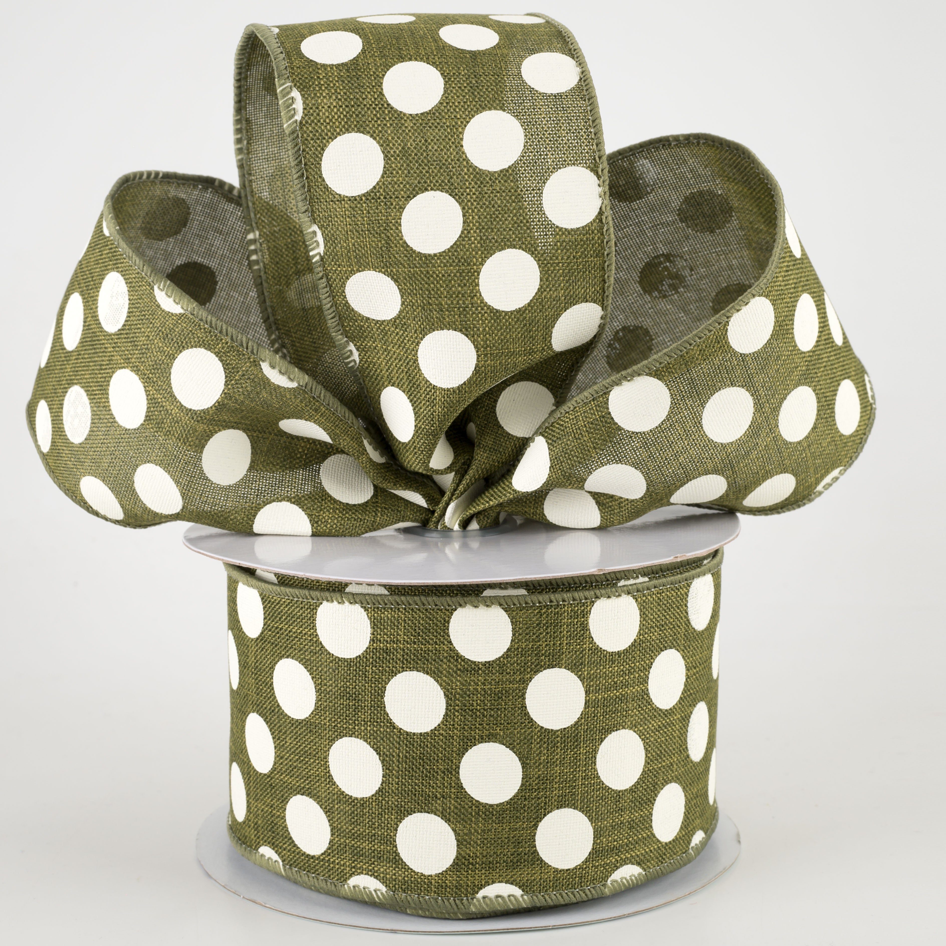 2.5" Medium Polka Dots Ribbon: Moss Green & Ivory (10 Yards) Lifestyle Photo