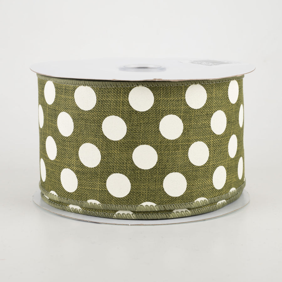 2.5" Medium Polka Dots Ribbon: Moss Green & Ivory (10 Yards)