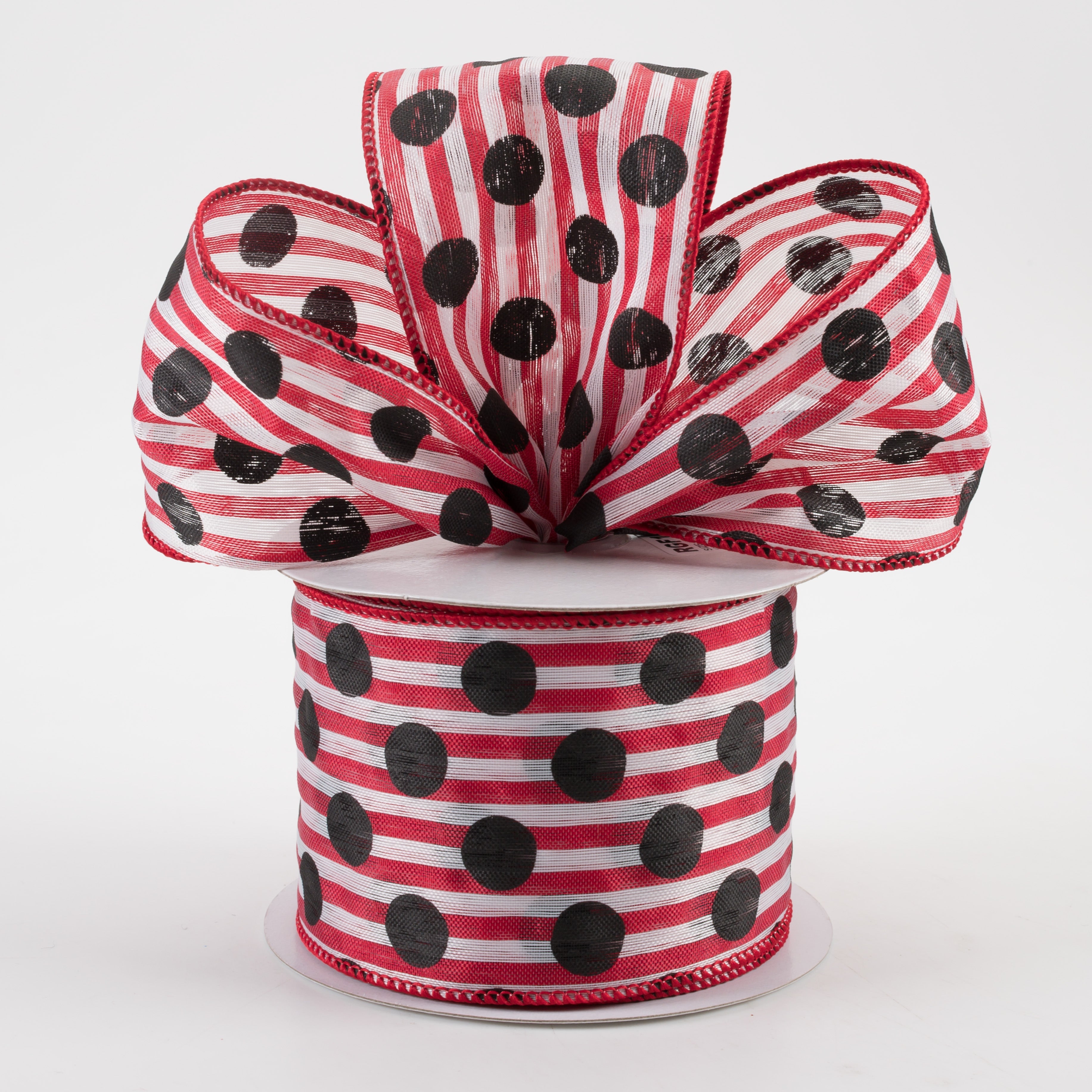 2.5" Medium Polka Dots Woven Stripe Ribbon: Red, White, Black (10 Yards) Lifestyle Photo