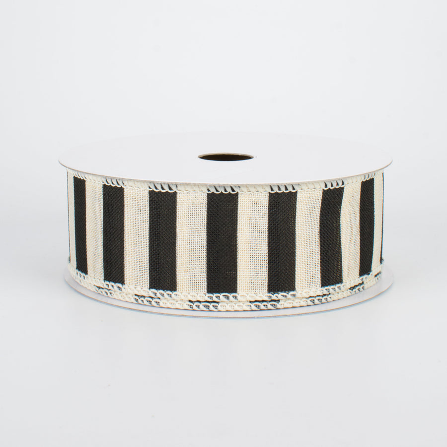 1.5" Medium Stripe Canvas Ribbon: Cream & Black (10 Yards)