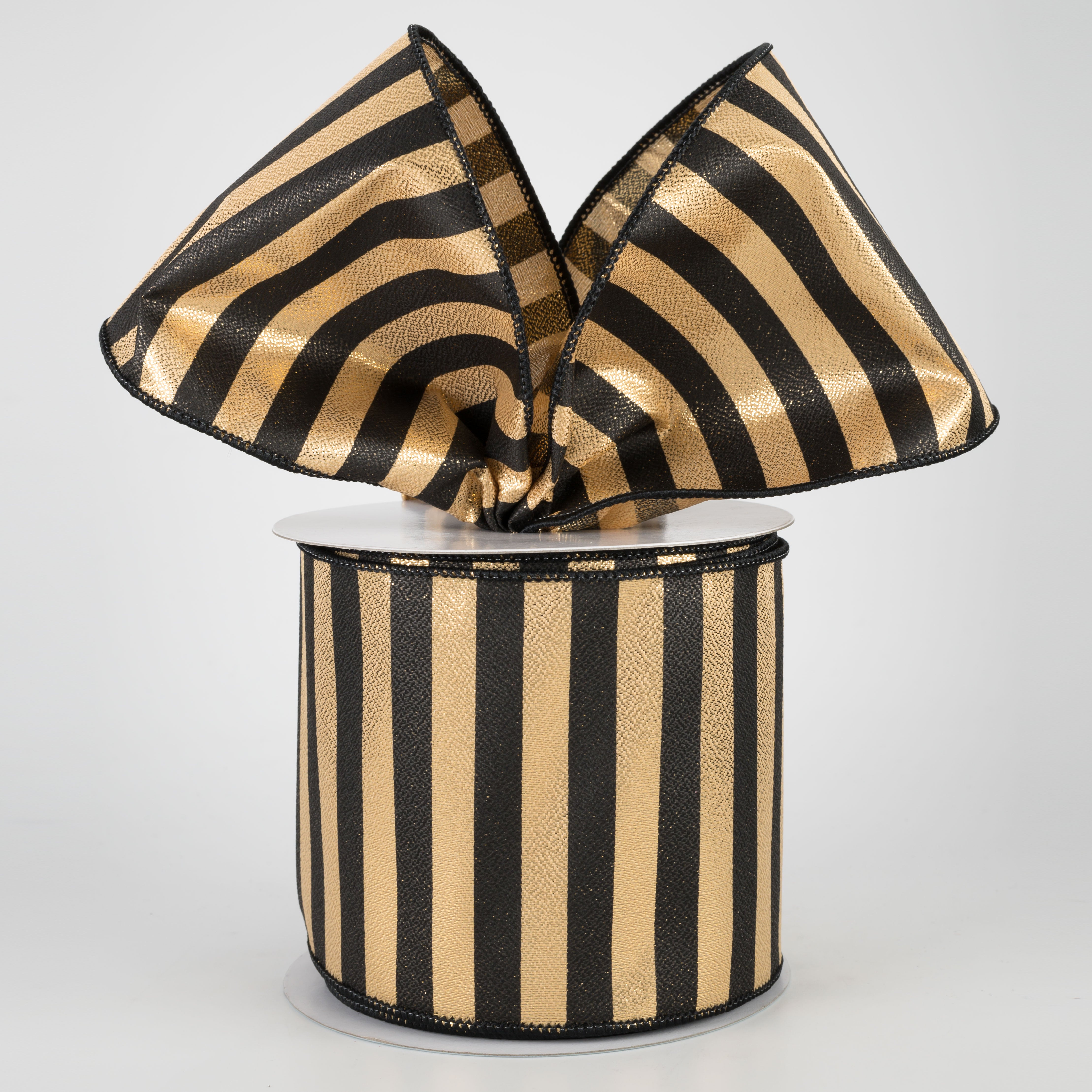 4" Medium Stripe Ribbon: Metallic Gold & Black (10 Yards) Lifestyle Photo