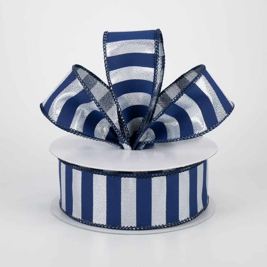 1.5" Medium Stripe Ribbon: Metallic Silver & Navy Blue (10 Yards) Lifestyle Photo