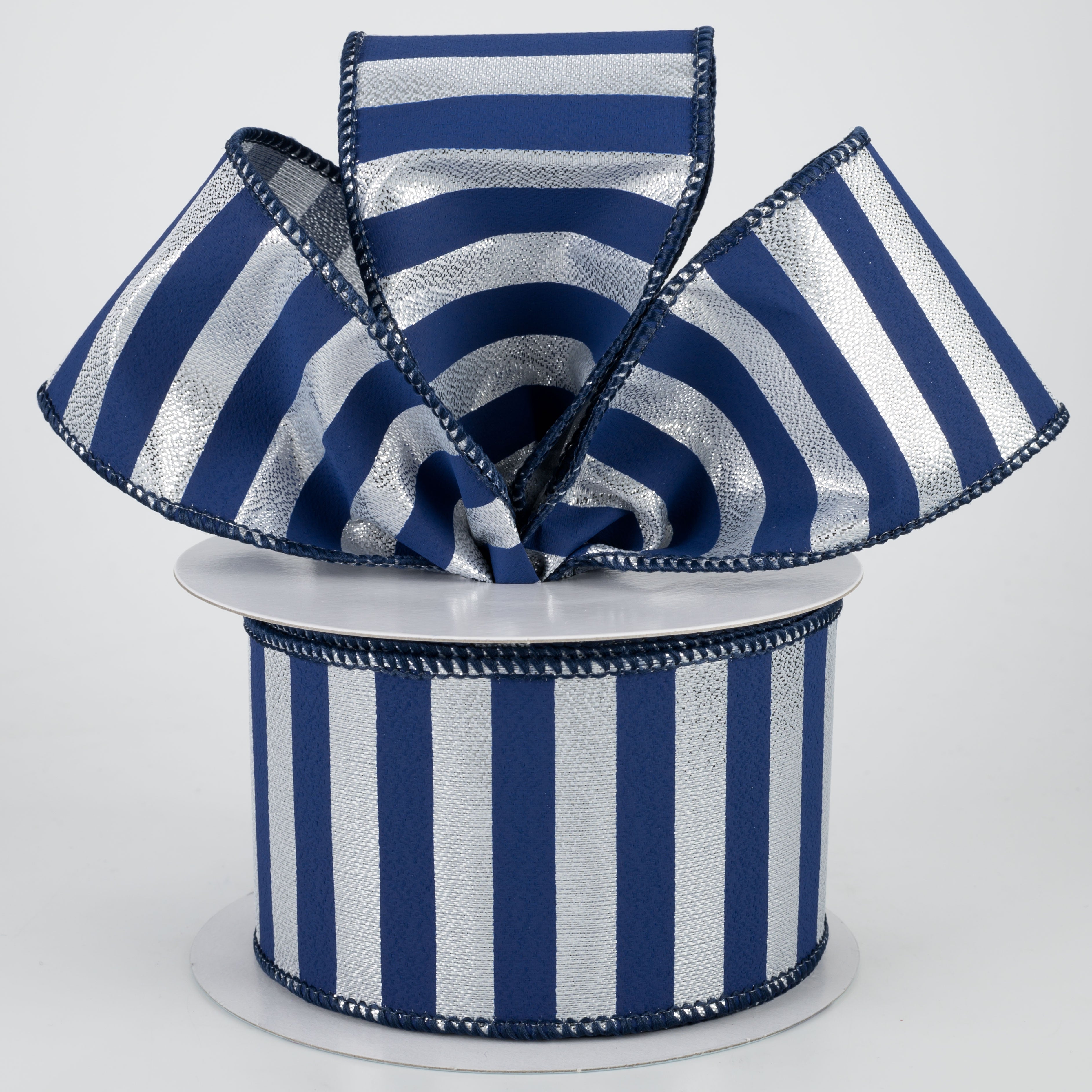 2.5" Medium Stripe Ribbon: Metallic Silver & Navy Blue (10 Yards) Lifestyle Photo