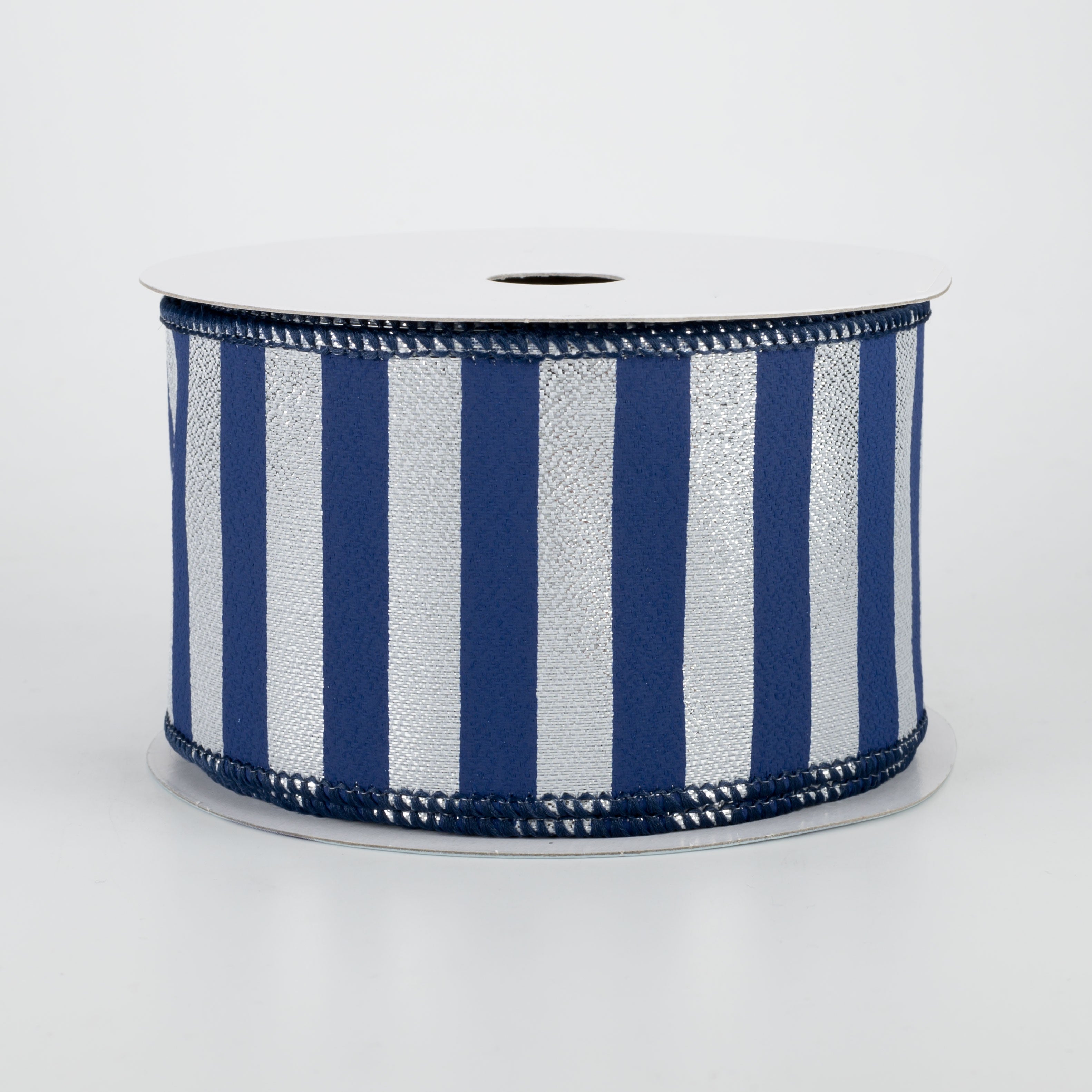 2.5" Medium Stripe Ribbon: Metallic Silver & Navy Blue (10 Yards)