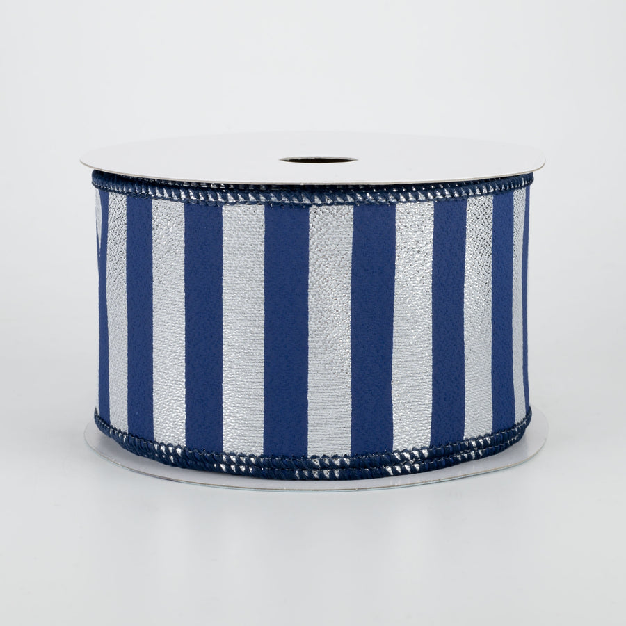 2.5" Medium Stripe Ribbon: Metallic Silver & Navy Blue (10 Yards)