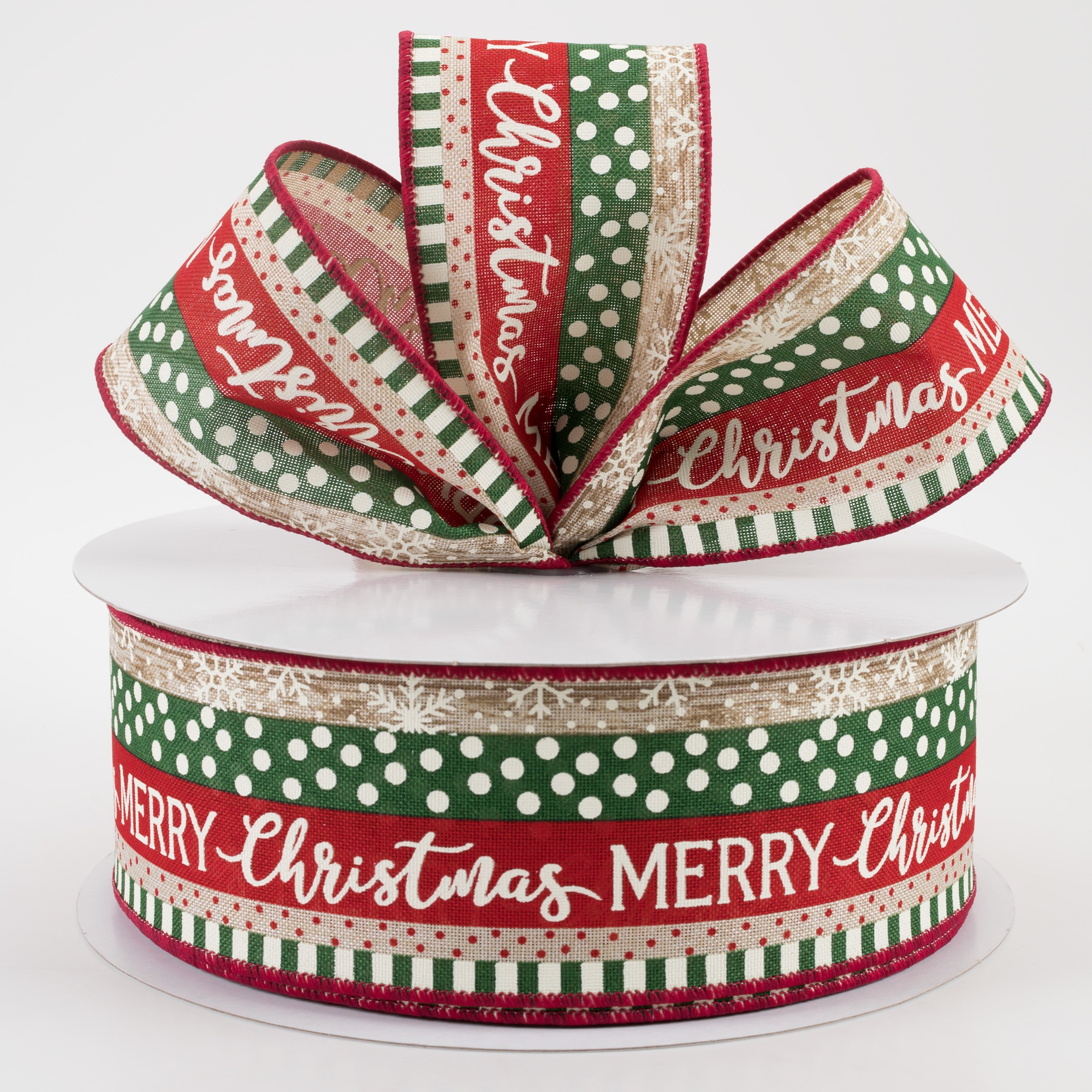 2.5" Merry Christmas, Dots, Stripes Linen Ribbon: Natural, Red, Green (50 Yards) Lifestyle Photo