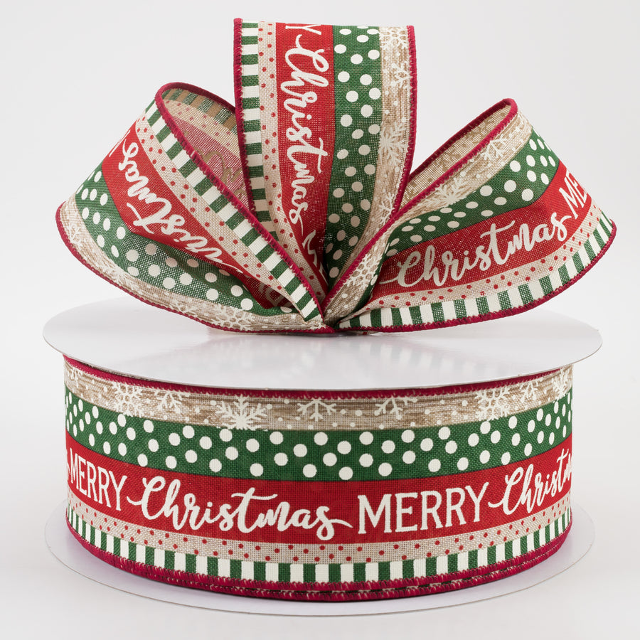 2.5" Merry Christmas, Dots, Stripes Linen Ribbon: Natural, Red, Green (50 Yards) Lifestyle Photo
