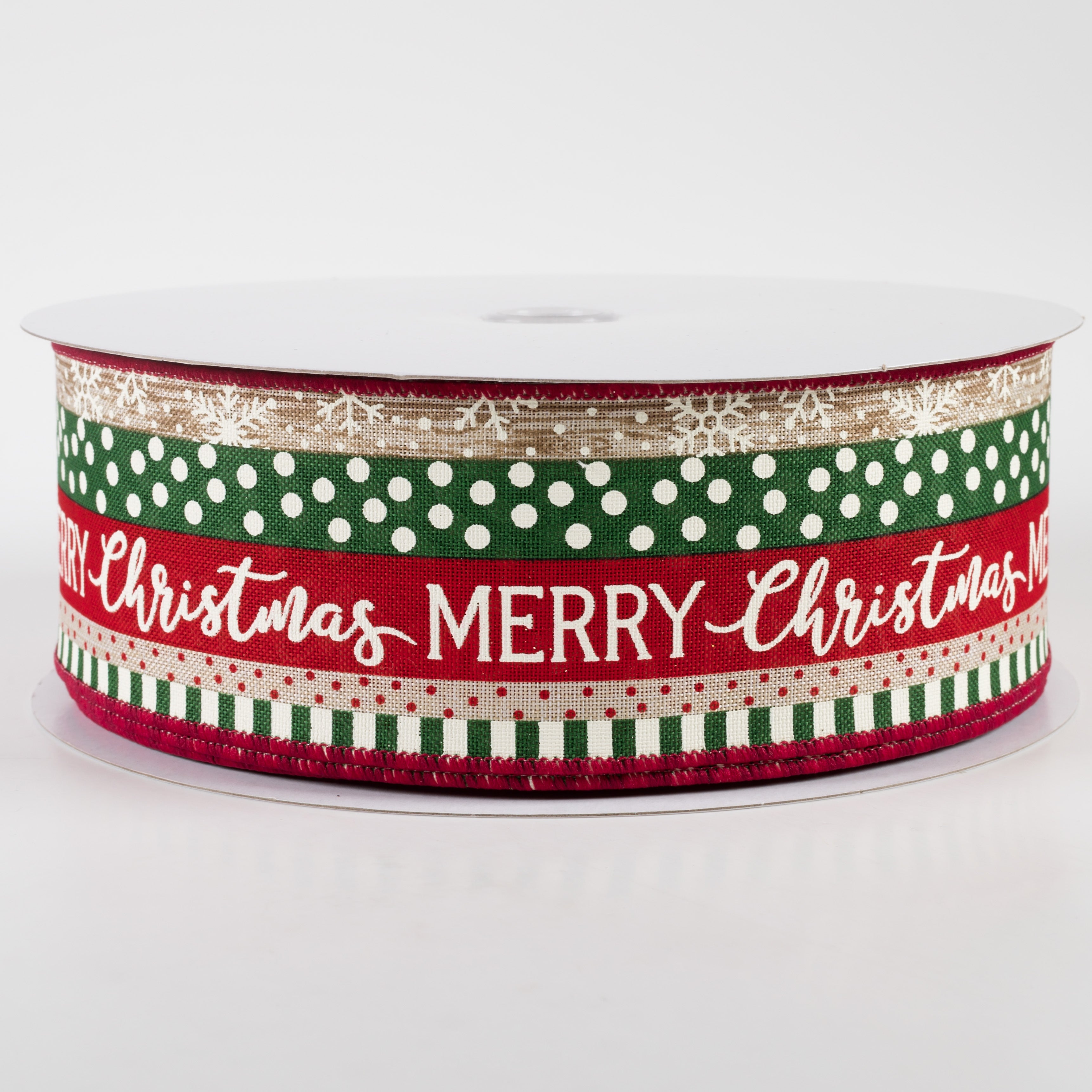 2.5" Merry Christmas, Dots, Stripes Linen Ribbon: Natural, Red, Green (50 Yards)