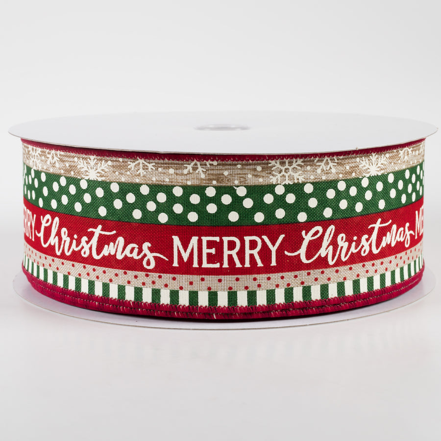 2.5" Merry Christmas, Dots, Stripes Linen Ribbon: Natural, Red, Green (50 Yards)
