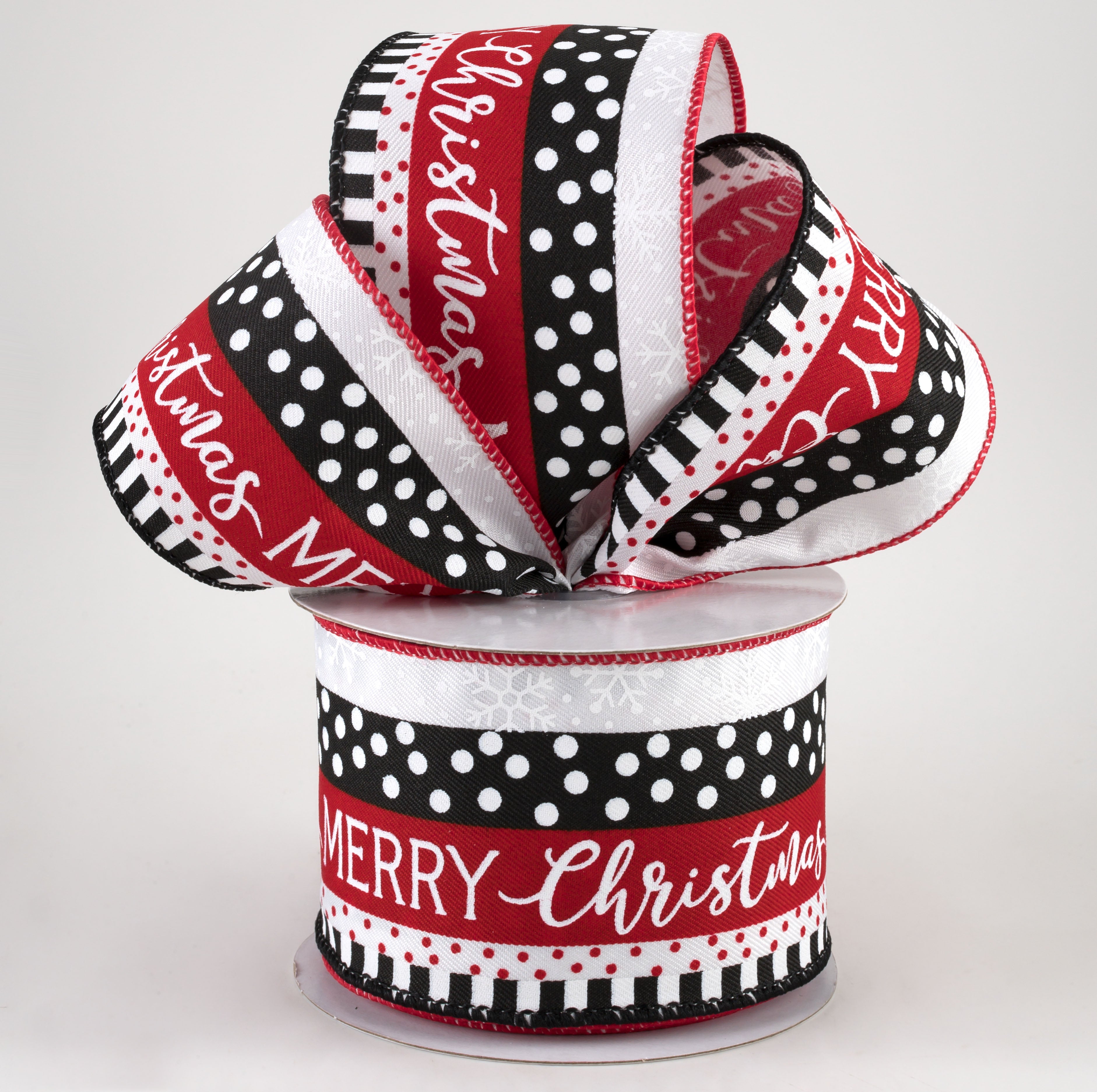 2.5" Merry Christmas, Dots, Stripes Ribbon: Black, Red, White (10 Yards) Lifestyle Photo