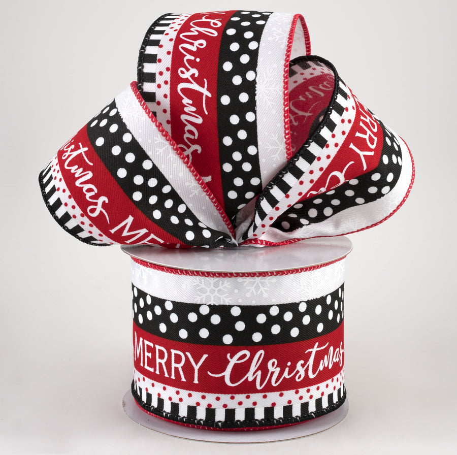 2.5" Merry Christmas, Dots, Stripes Ribbon: Black, Red, White (10 Yards) Lifestyle Photo