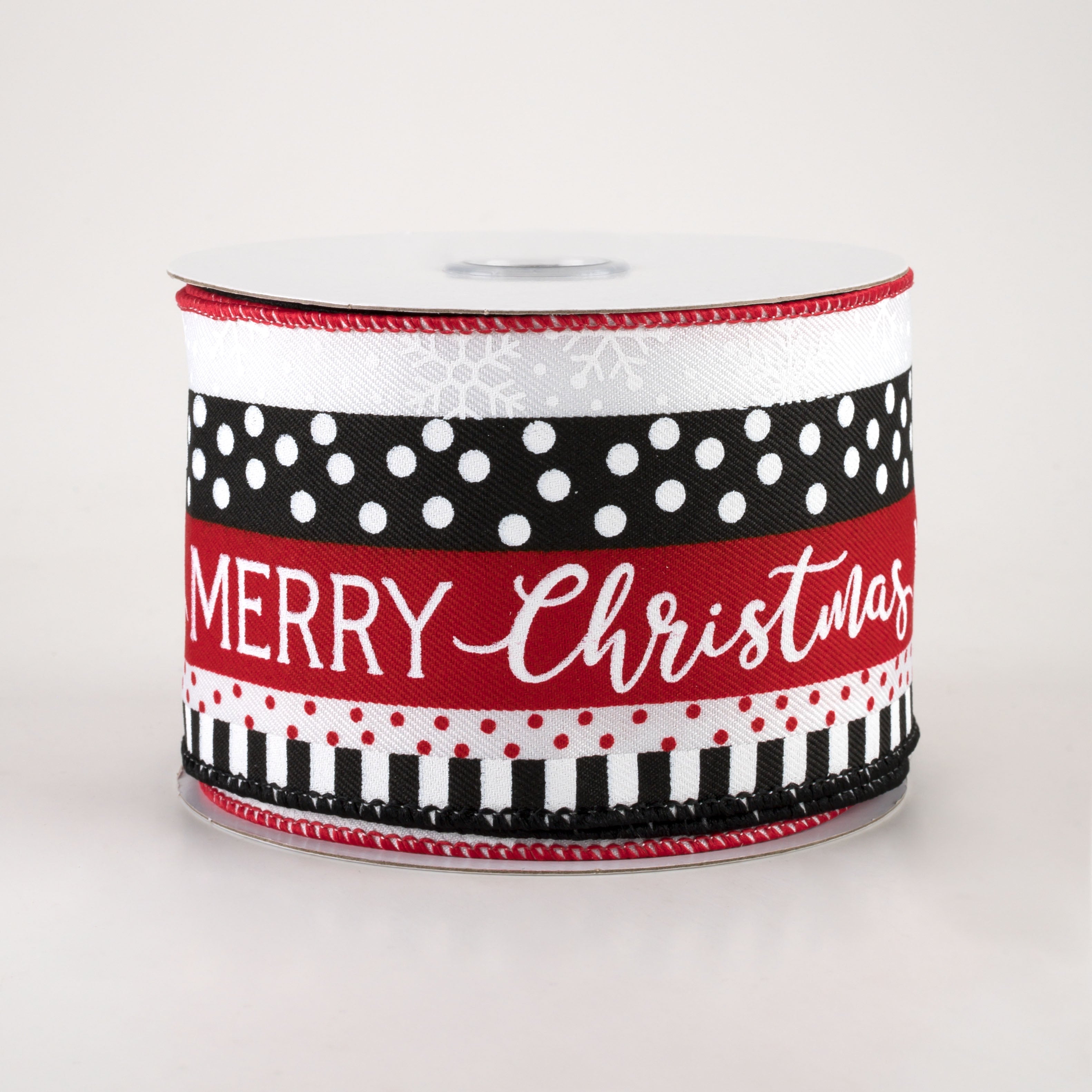 2.5" Merry Christmas, Dots, Stripes Ribbon: Black, Red, White (10 Yards)