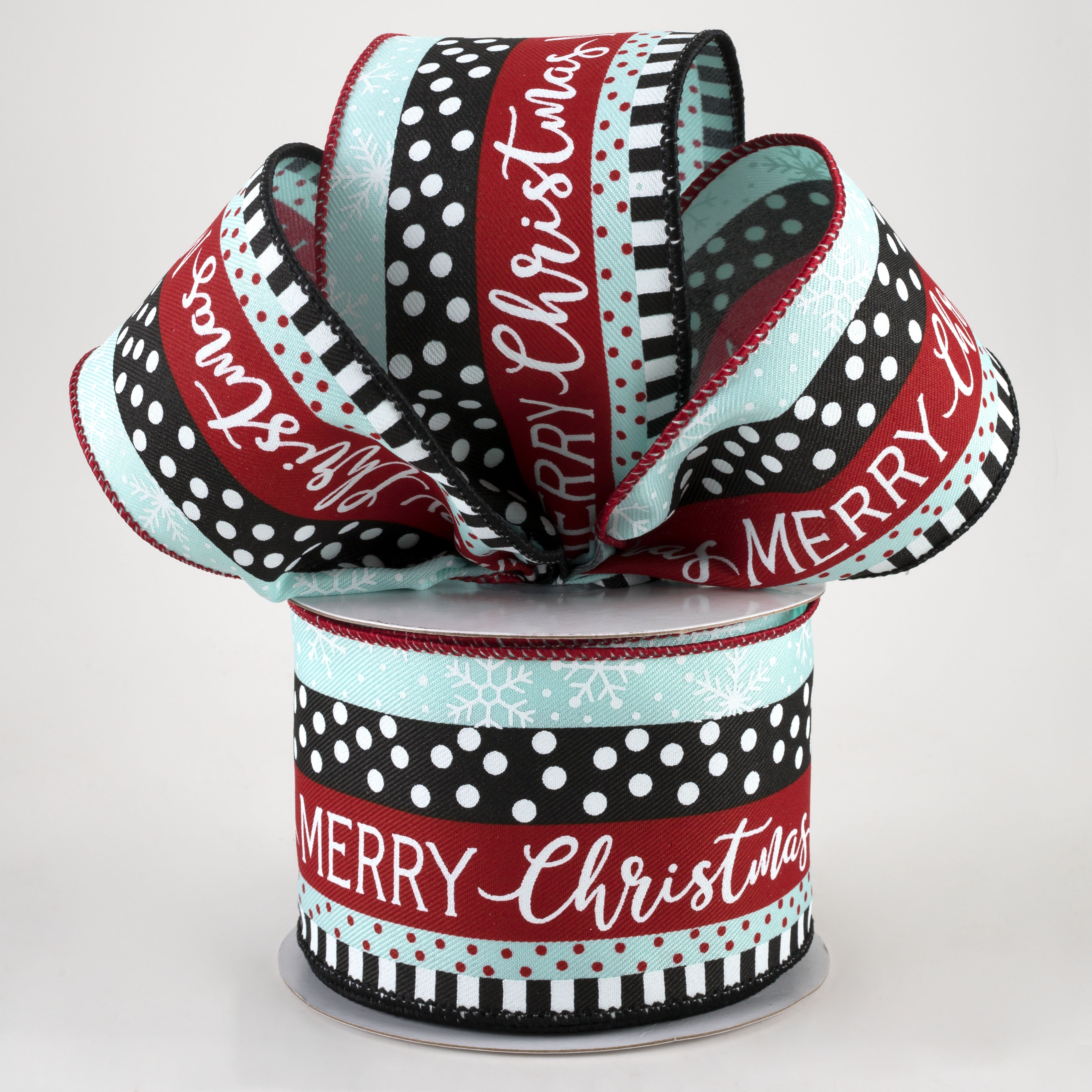 2.5" Merry Christmas, Dots, Stripes Ribbon: Ice Blue, Black, Red (10 Yards) Lifestyle Photo