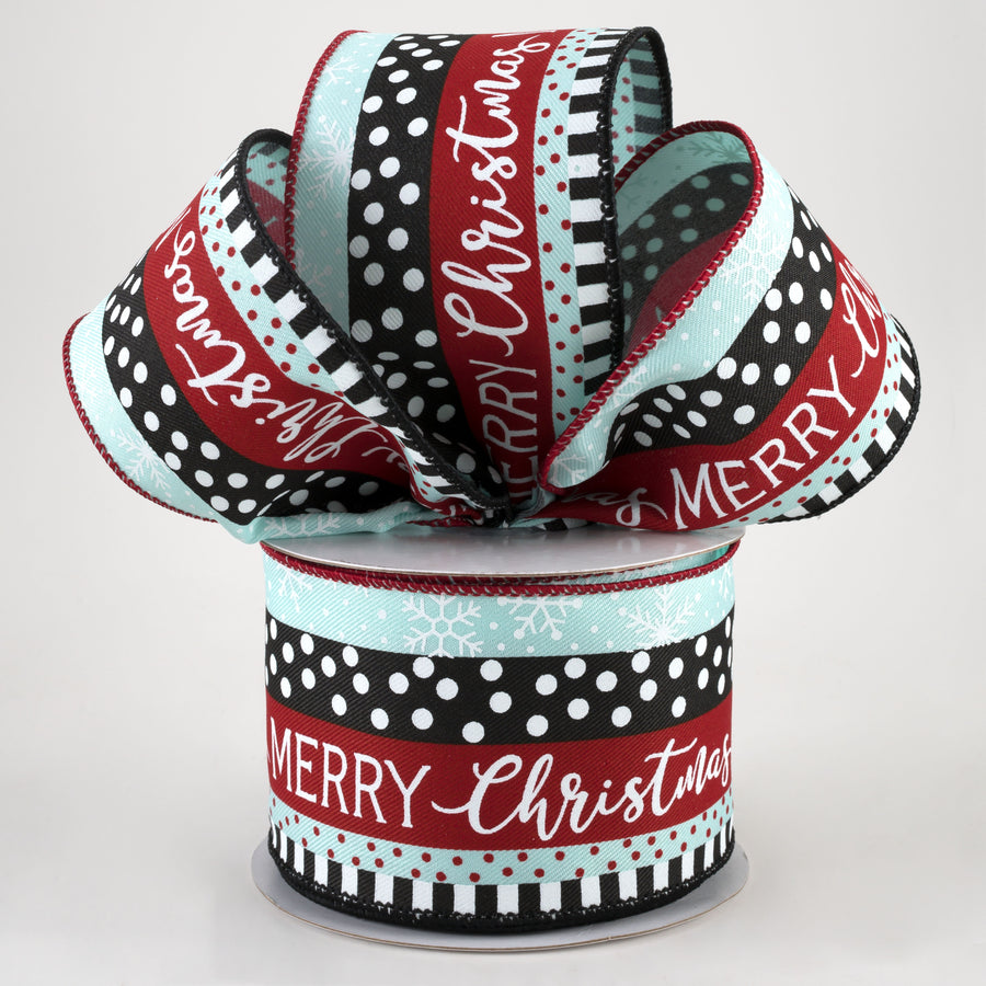 2.5" Merry Christmas, Dots, Stripes Ribbon: Ice Blue, Black, Red (10 Yards) Lifestyle Photo