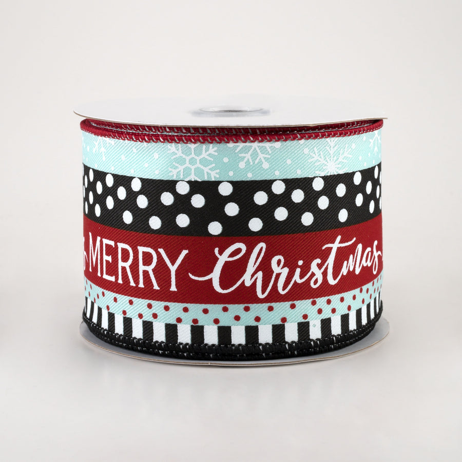 2.5" Merry Christmas, Dots, Stripes Ribbon: Ice Blue, Black, Red (10 Yards)