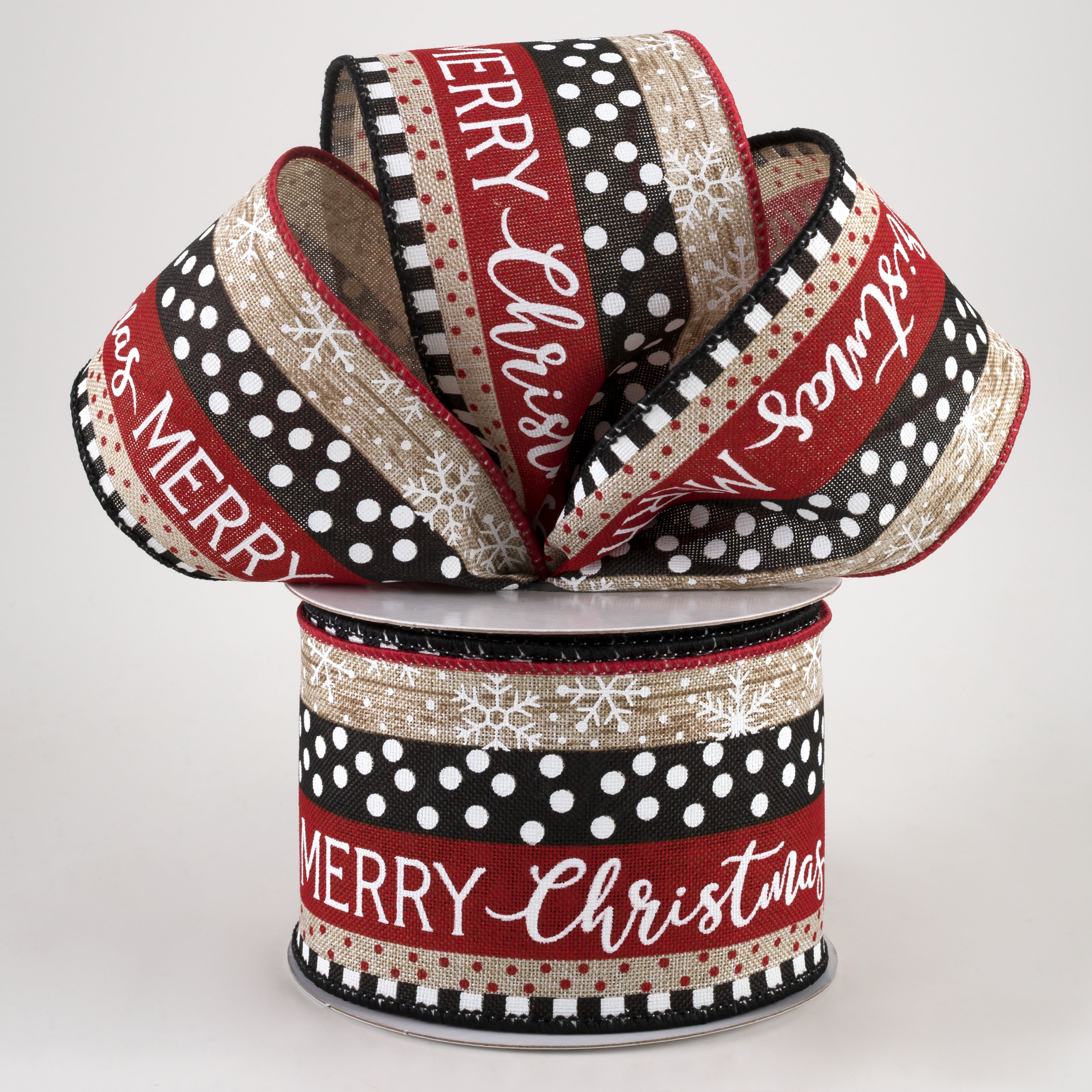 2.5" Merry Christmas, Dots, Stripes Ribbon: Light Natural, Black, Red (10 Yards) Lifestyle Photo