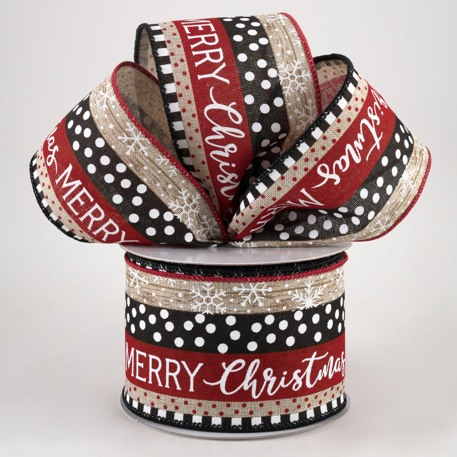 2.5" Merry Christmas, Dots, Stripes Ribbon: Light Natural, Black, Red (10 Yards) Lifestyle Photo