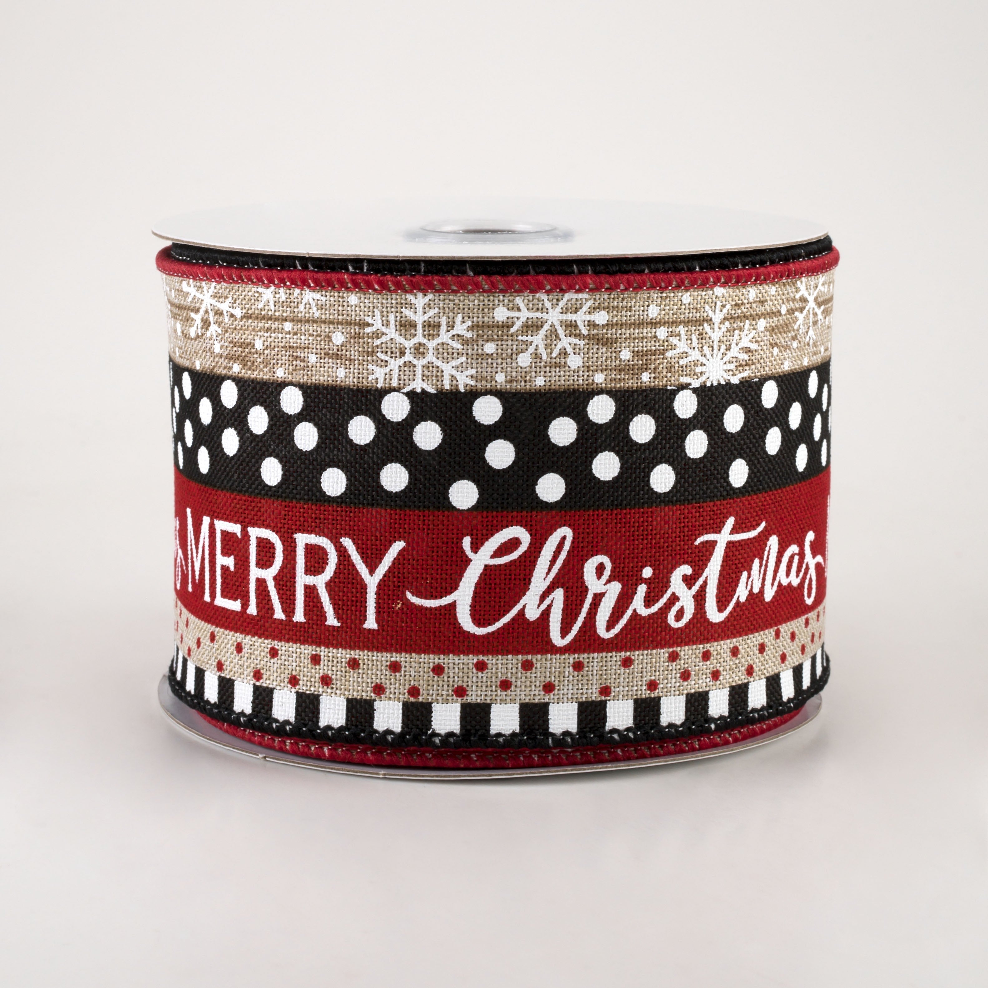 2.5" Merry Christmas, Dots, Stripes Ribbon: Light Natural, Black, Red (10 Yards)