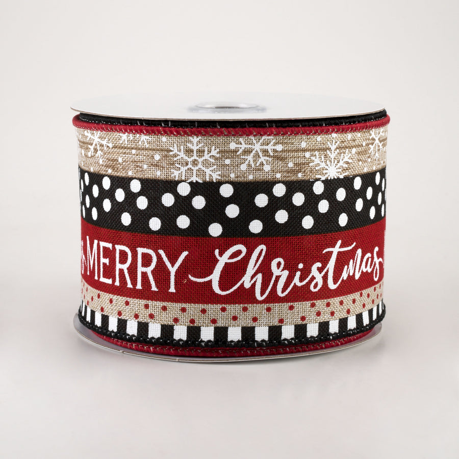 2.5" Merry Christmas, Dots, Stripes Ribbon: Light Natural, Black, Red (10 Yards)