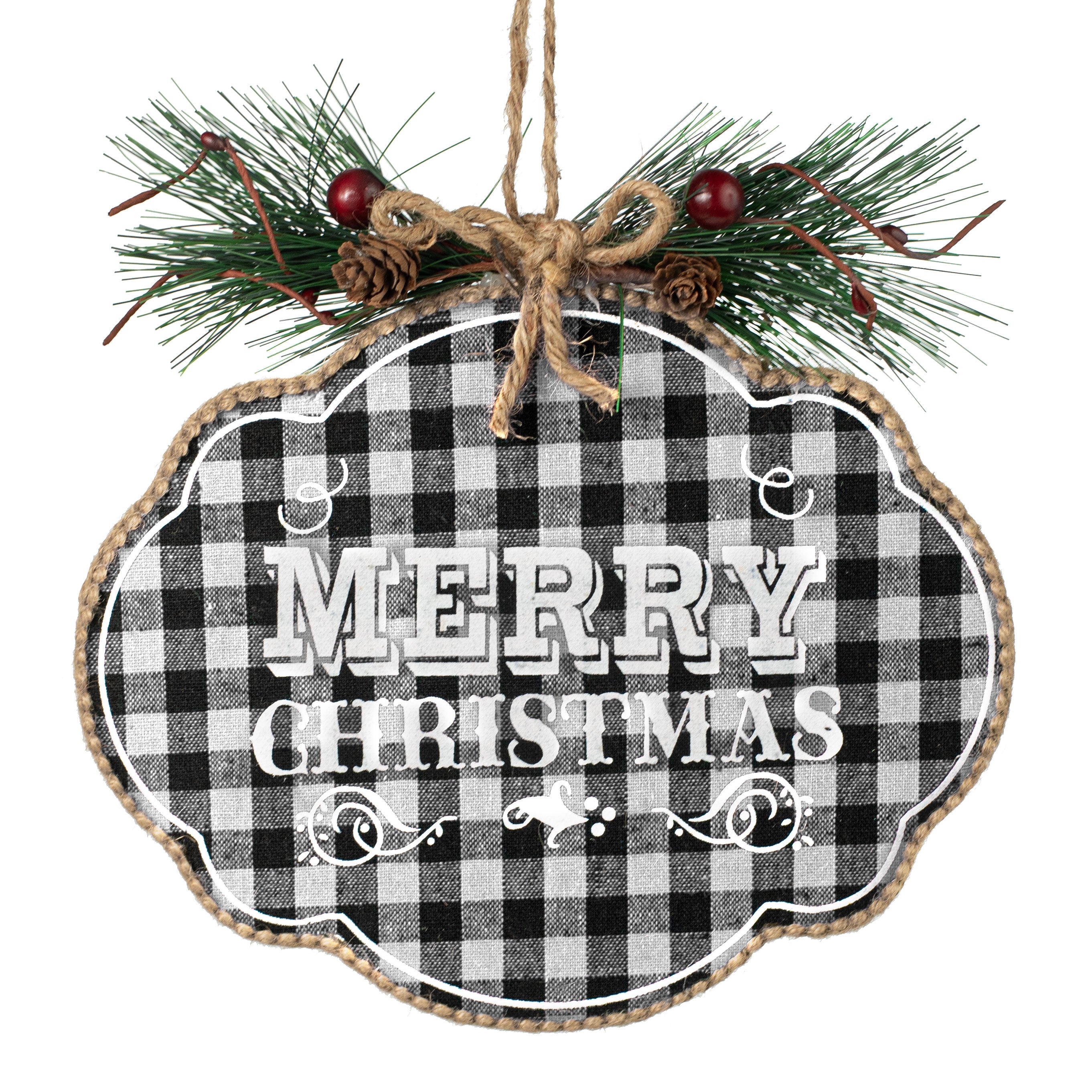 9" Merry Christmas Ornament: Gingham Plaid Item Number: 84567BKWT