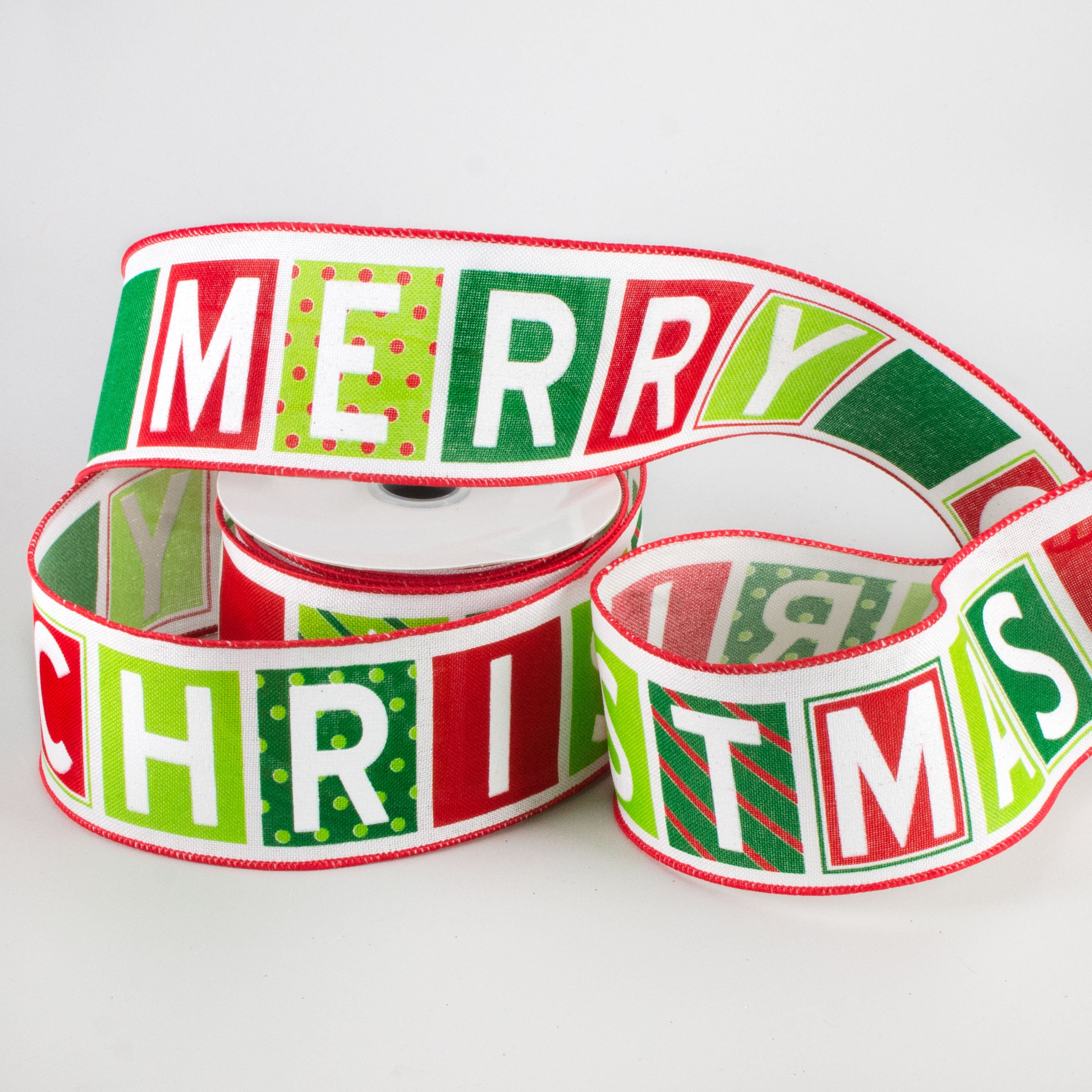 2.5" Merry Christmas Patterned Blocks Ribbon (10 Yards) Lifestyle Photo