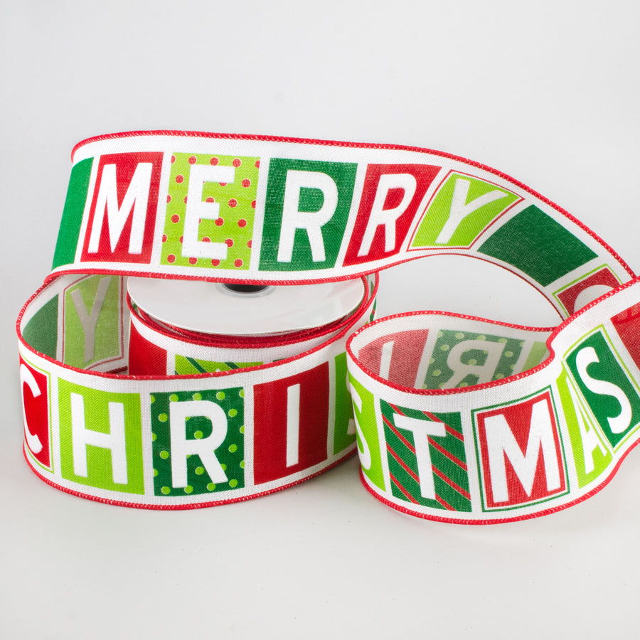 2.5" Merry Christmas Patterned Blocks Ribbon (10 Yards) Lifestyle Photo