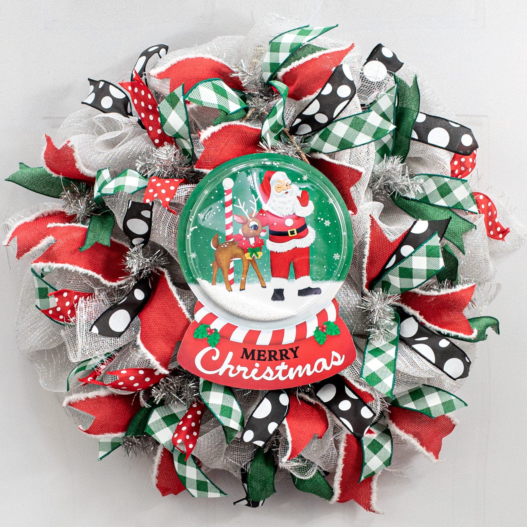 12" Merry Christmas Santa & Reindeer Snow Globe Sign Lifestyle Photo