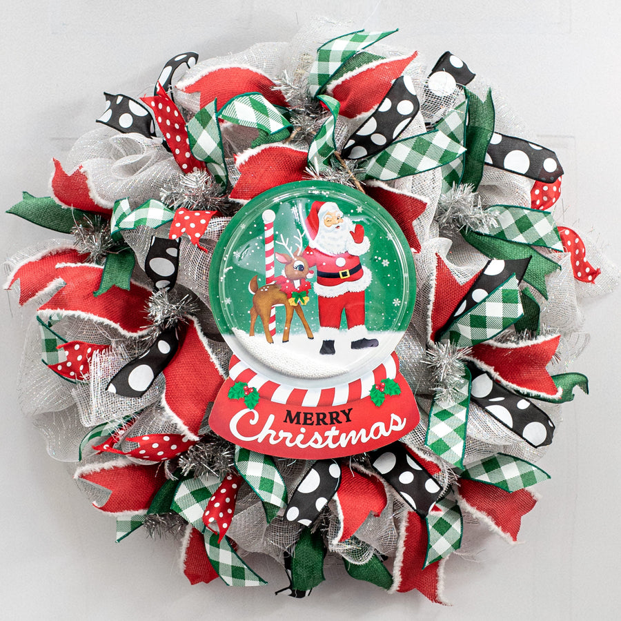 12" Merry Christmas Santa & Reindeer Snow Globe Sign Lifestyle Photo