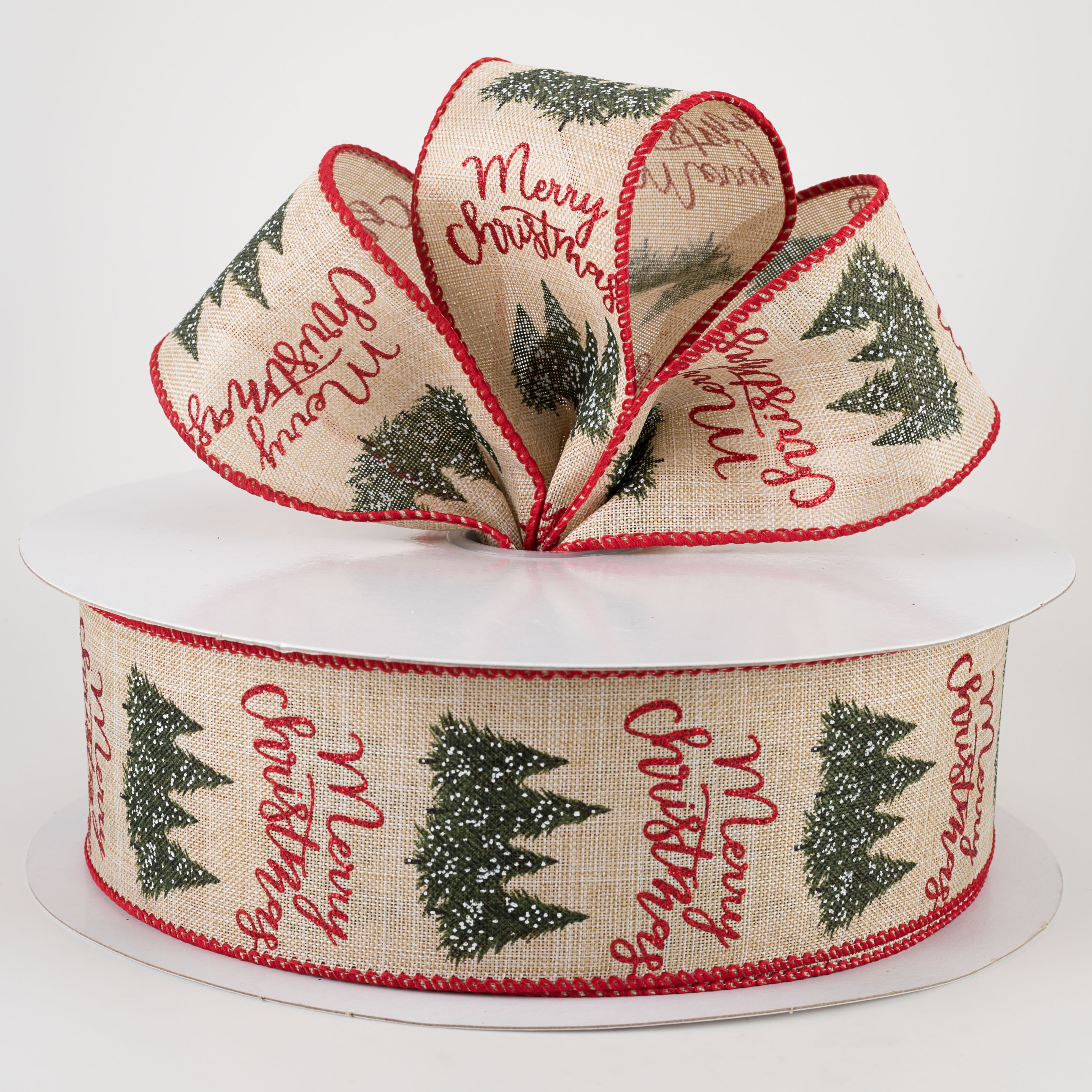 2.5" Merry Christmas & Snowy Trees Ribbon: Natural (50 Yards) Lifestyle Photo