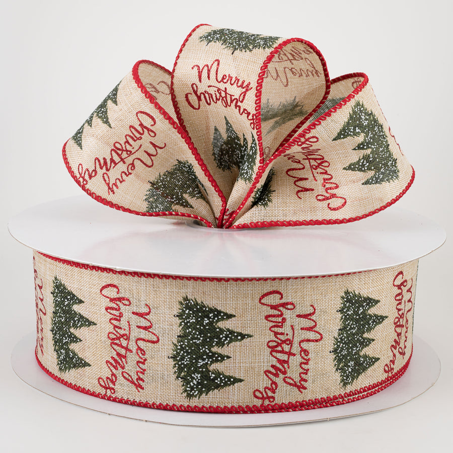 2.5" Merry Christmas & Snowy Trees Ribbon: Natural (50 Yards) Lifestyle Photo