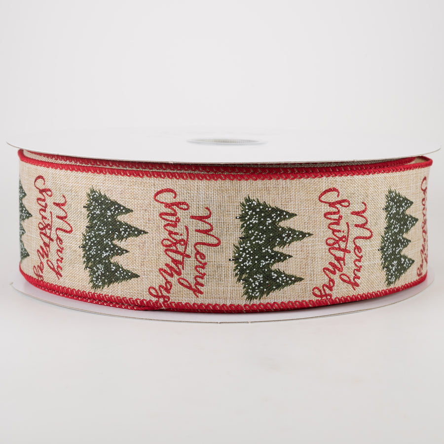 2.5" Merry Christmas & Snowy Trees Ribbon: Natural (50 Yards)