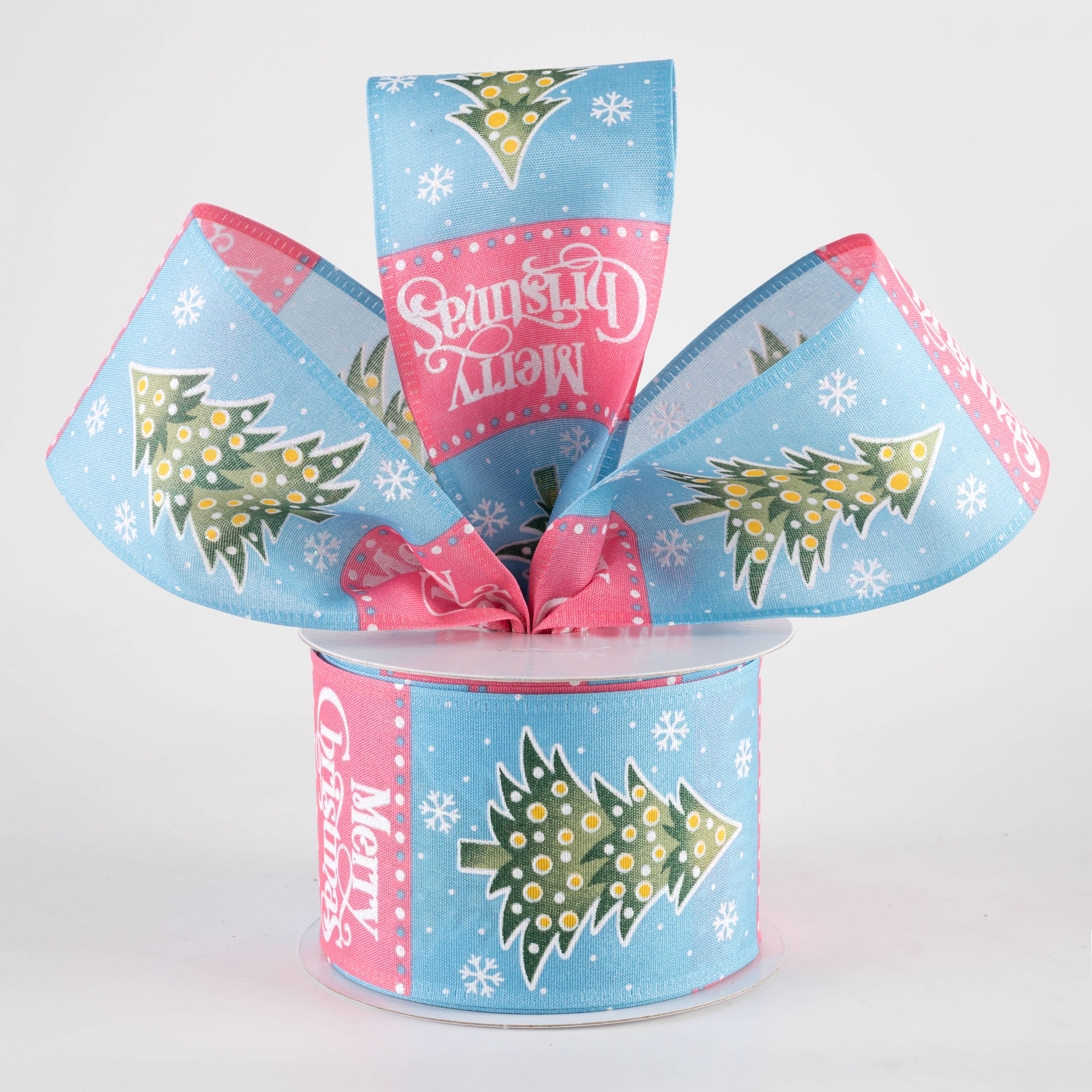 2.5" Merry Christmas & Tree Blocks Ribbon: Pink & Blue (10 Yards) Lifestyle Photo