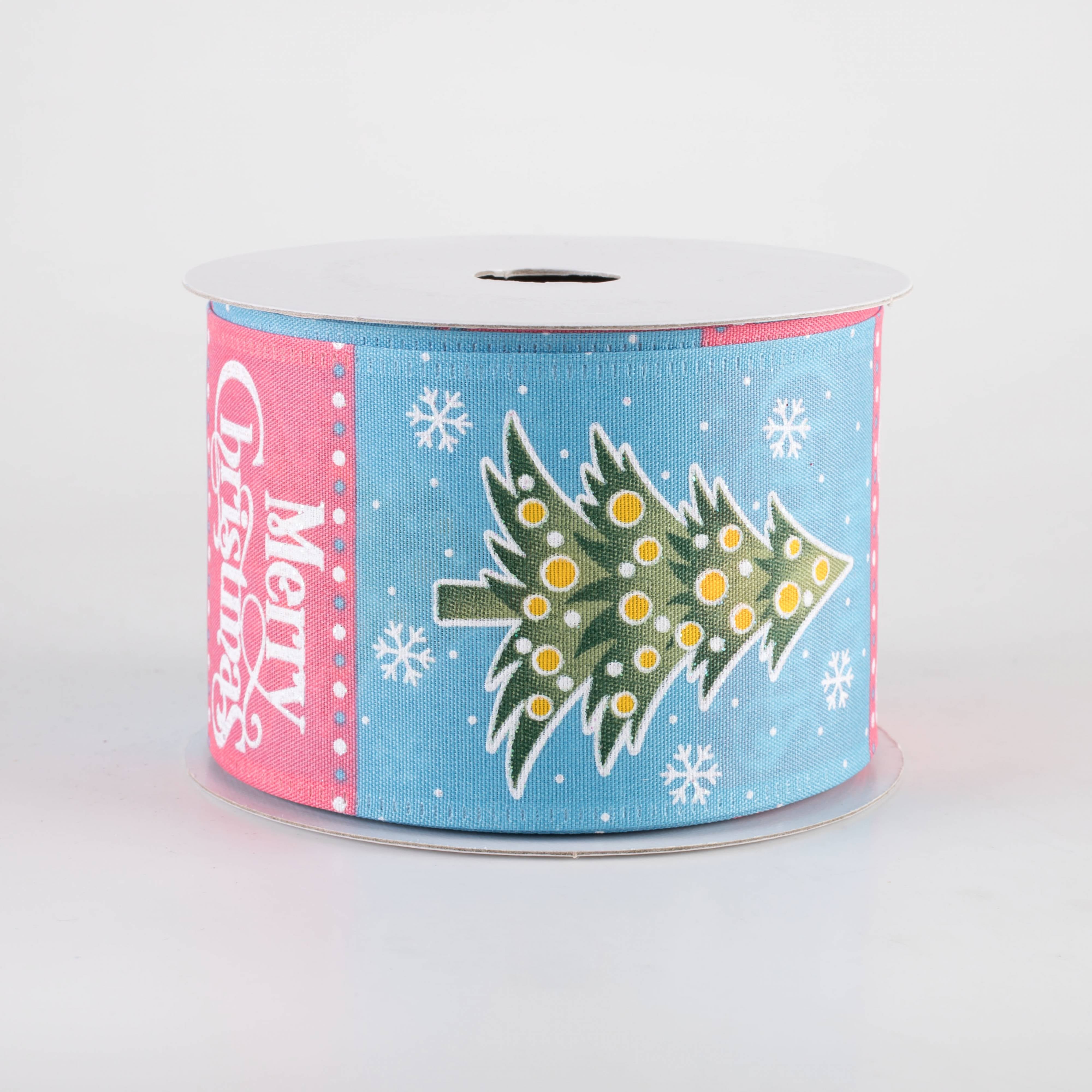 2.5" Merry Christmas & Tree Blocks Ribbon: Pink & Blue (10 Yards) Item Number: 76459-40-04
