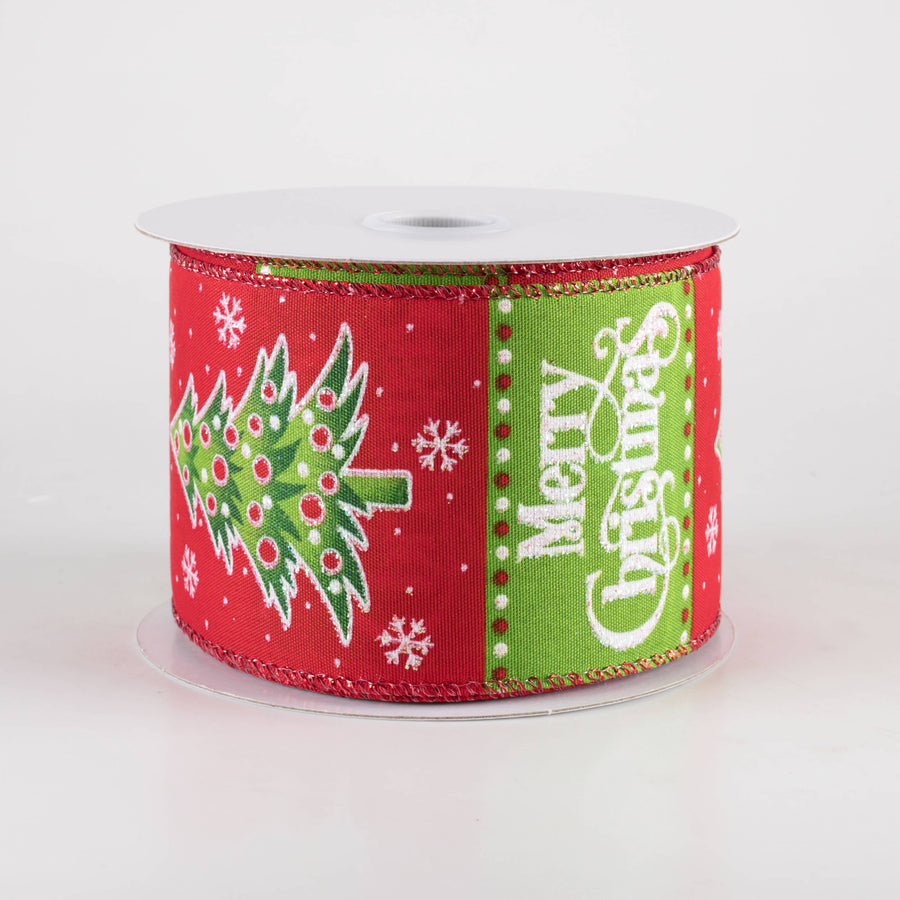 2.5" Merry Christmas & Tree Blocks Ribbon: Red & Lime (10 Yards) Item Number: 71417-40-12