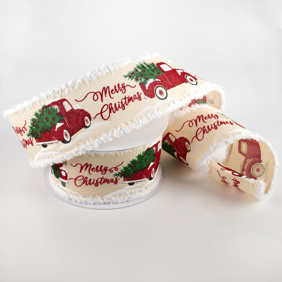 2.5" Merry Christmas Truck Fuzzy Edge Ribbon: Cream (10 Yards) Lifestyle Photo