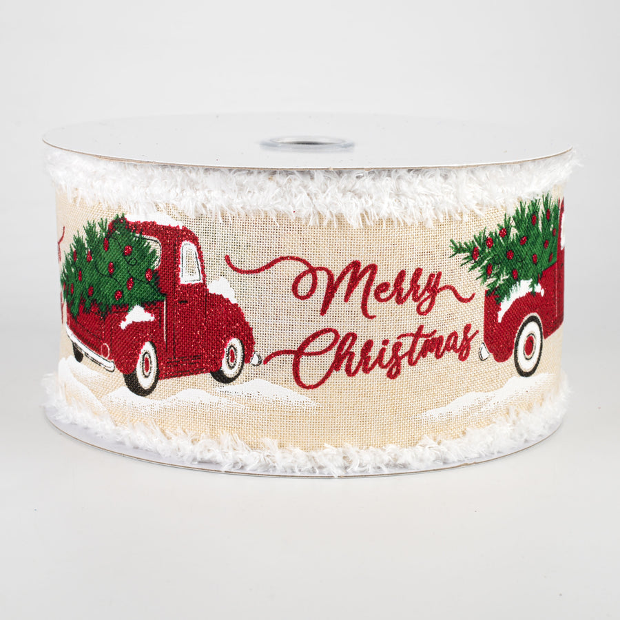 2.5" Merry Christmas Truck Fuzzy Edge Ribbon: Cream (10 Yards)